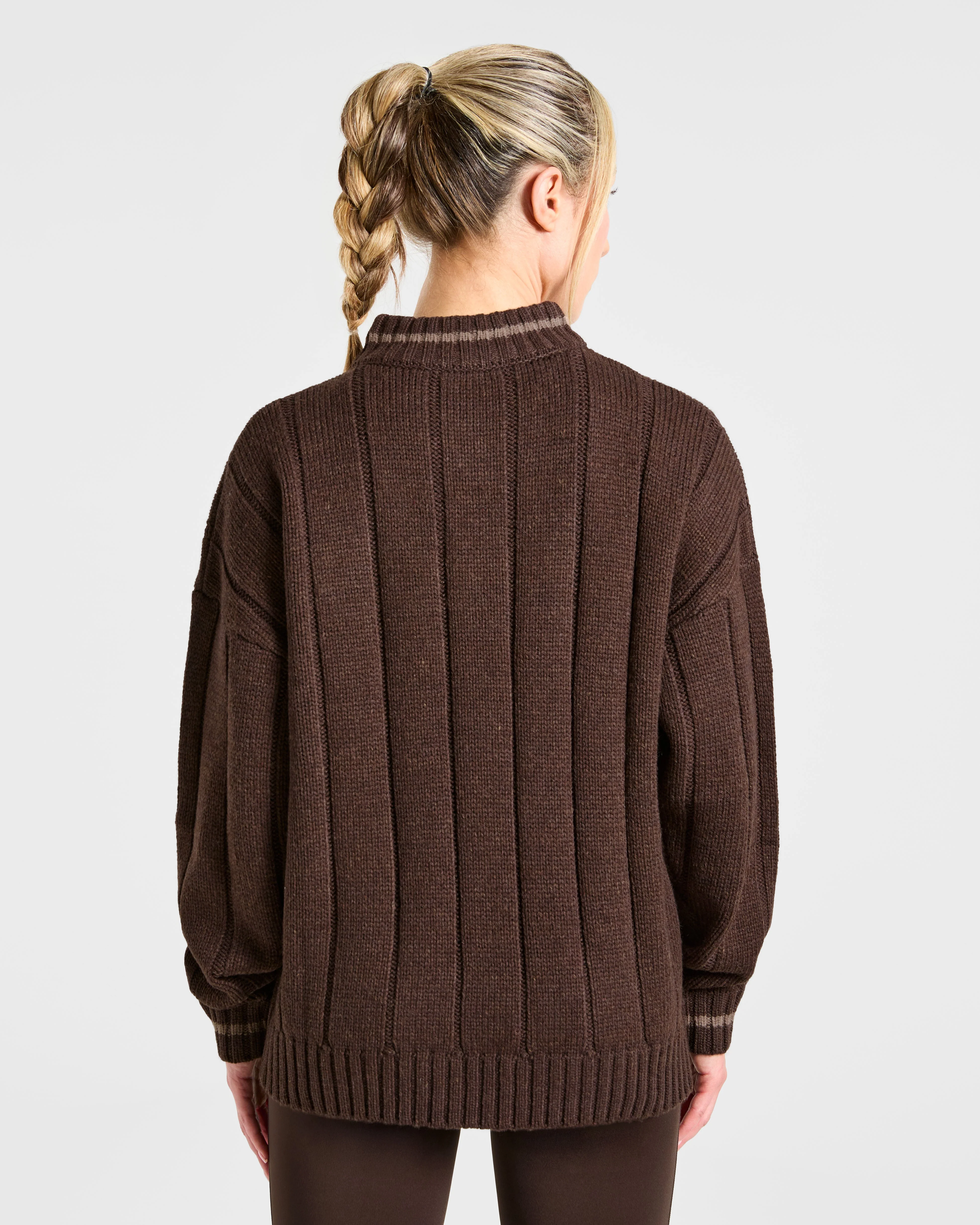 Athletics Oversized Knitted 1/4 Zip - Brown - Image 2