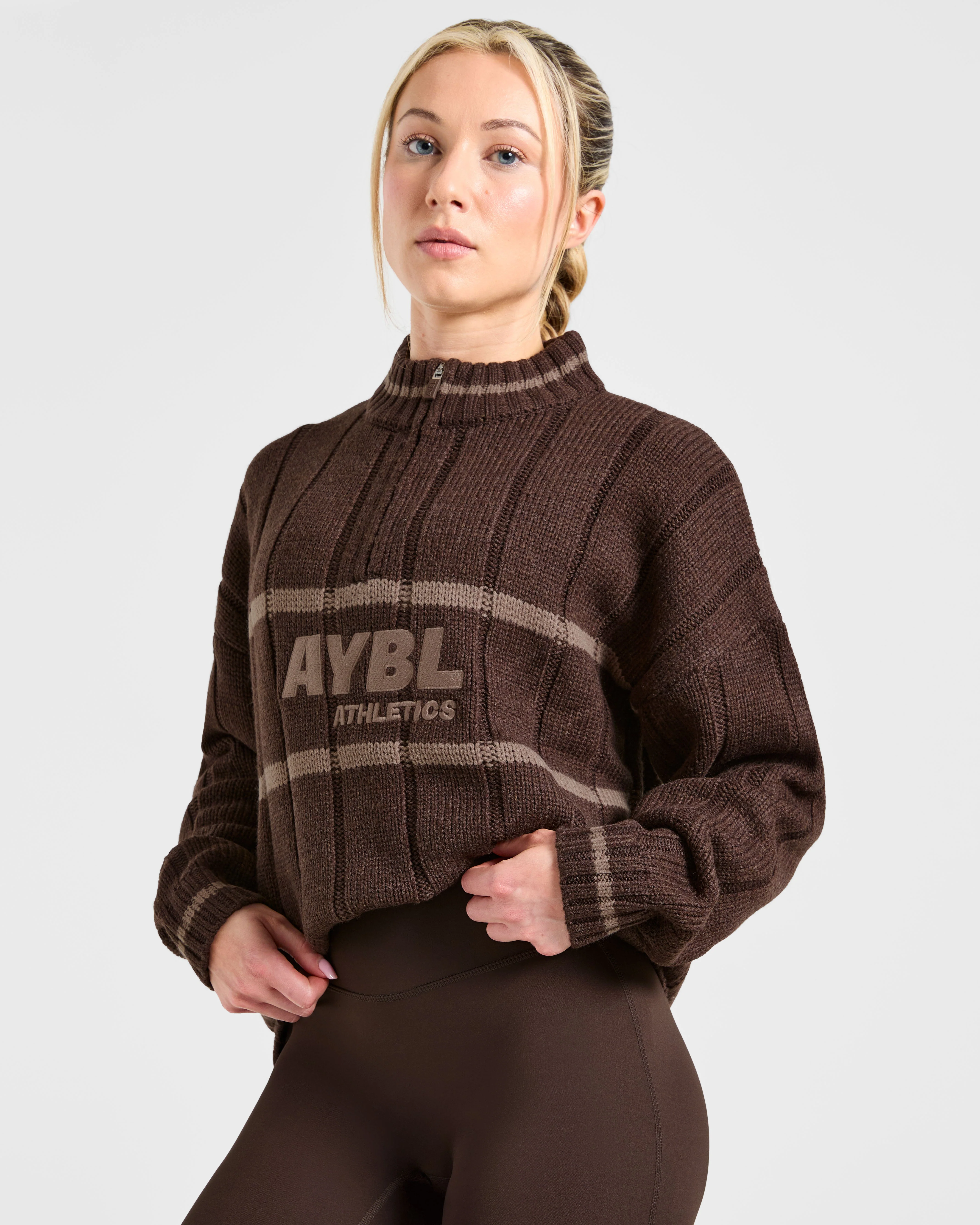Athletics Oversized Knitted 1/4 Zip - Brown - Image 7