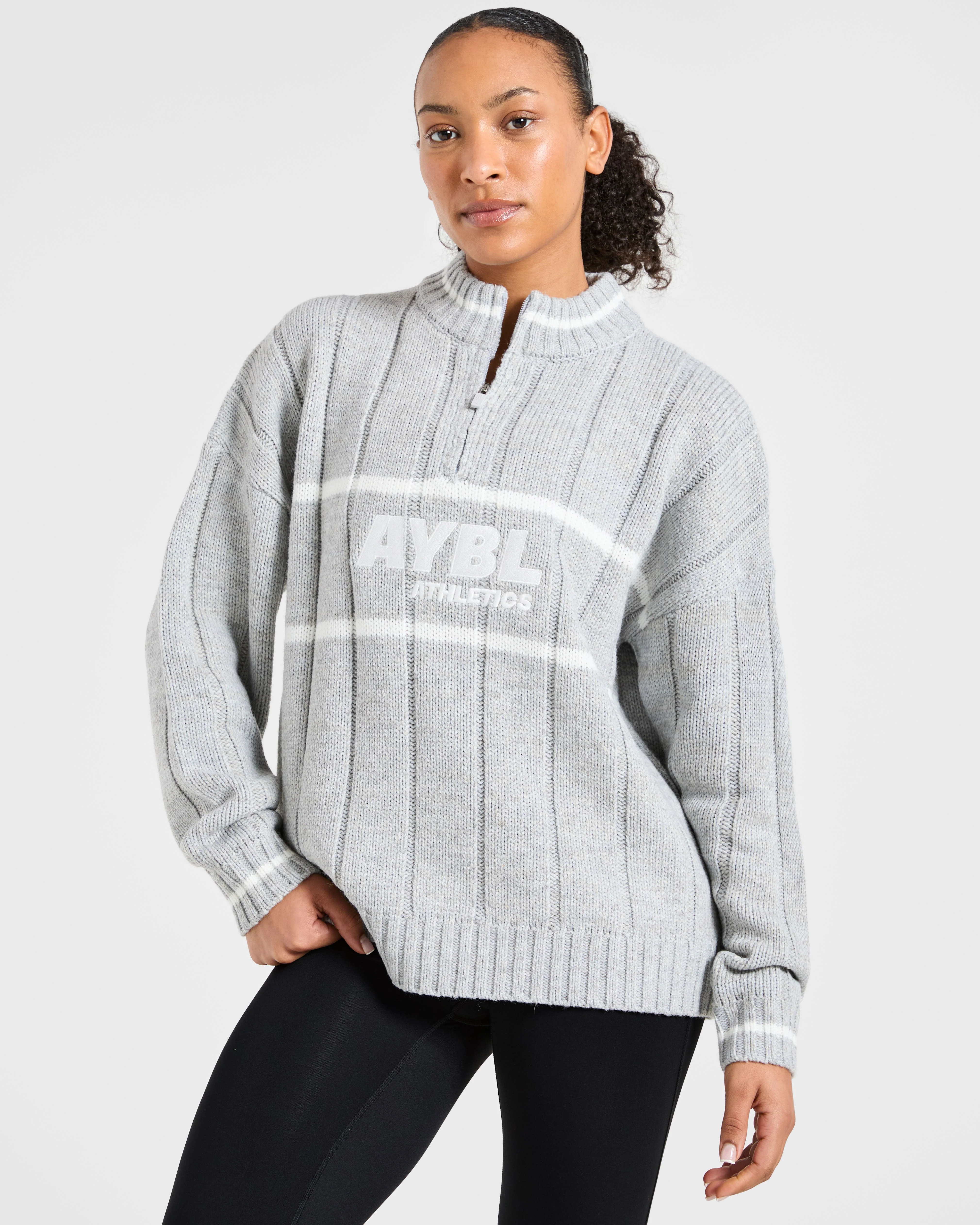 Athletics Oversized Knitted 1/4 Zip - Grey Marl - Image 7
