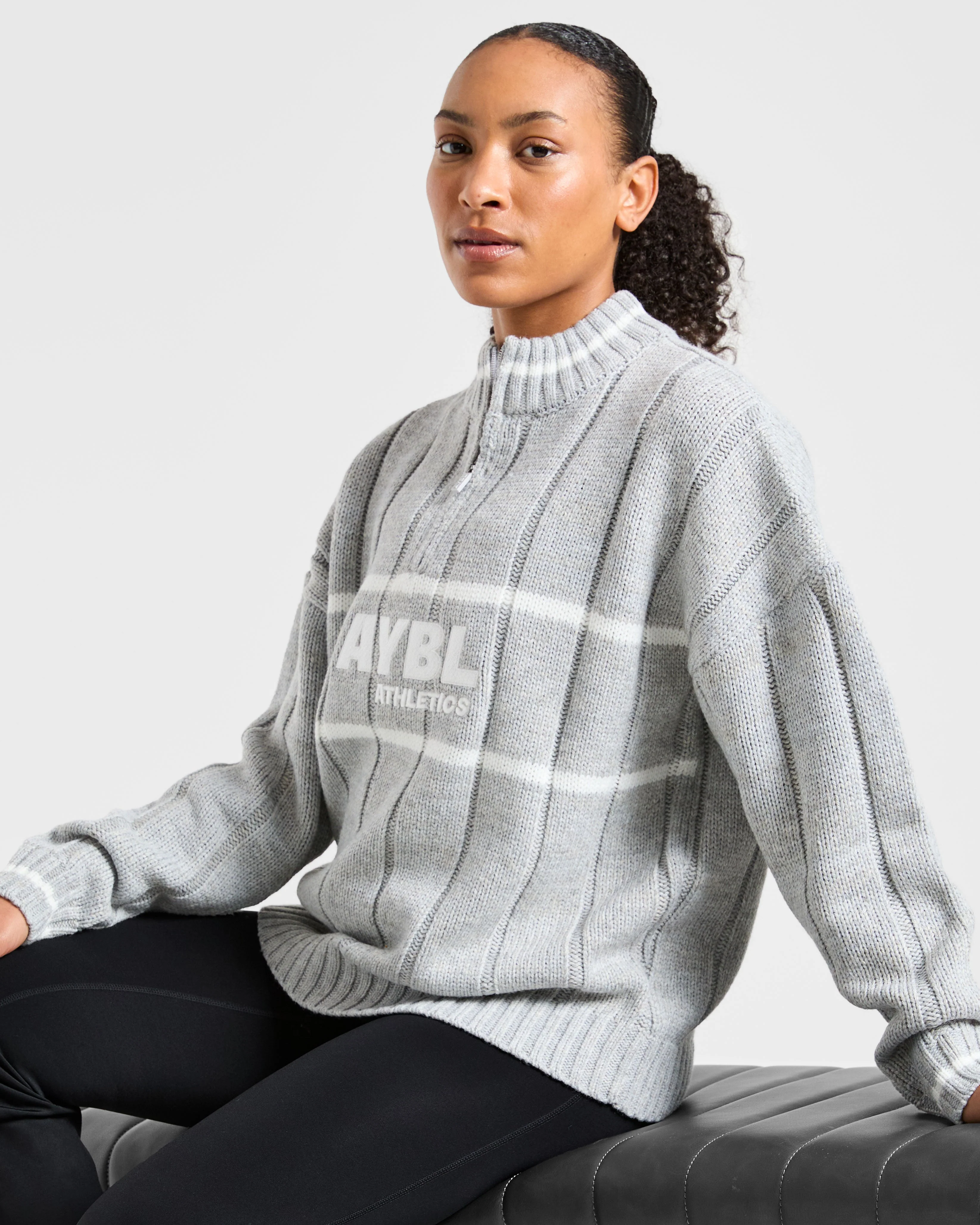 Athletics Oversized Knitted 1/4 Zip - Grey Marl - Image 8