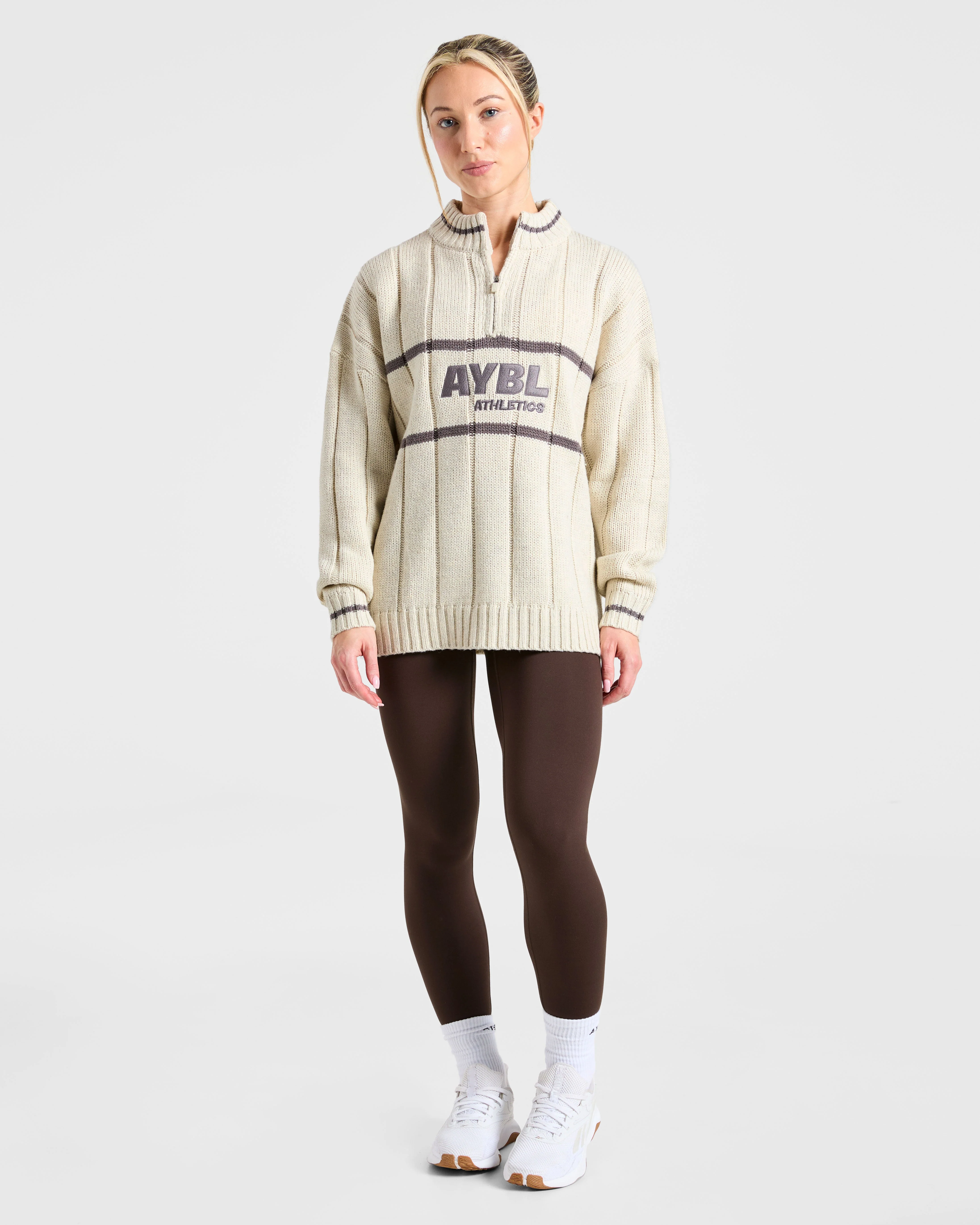 Athletics Oversized Knitted 1/4 Zip - Oatmeal - Image 3