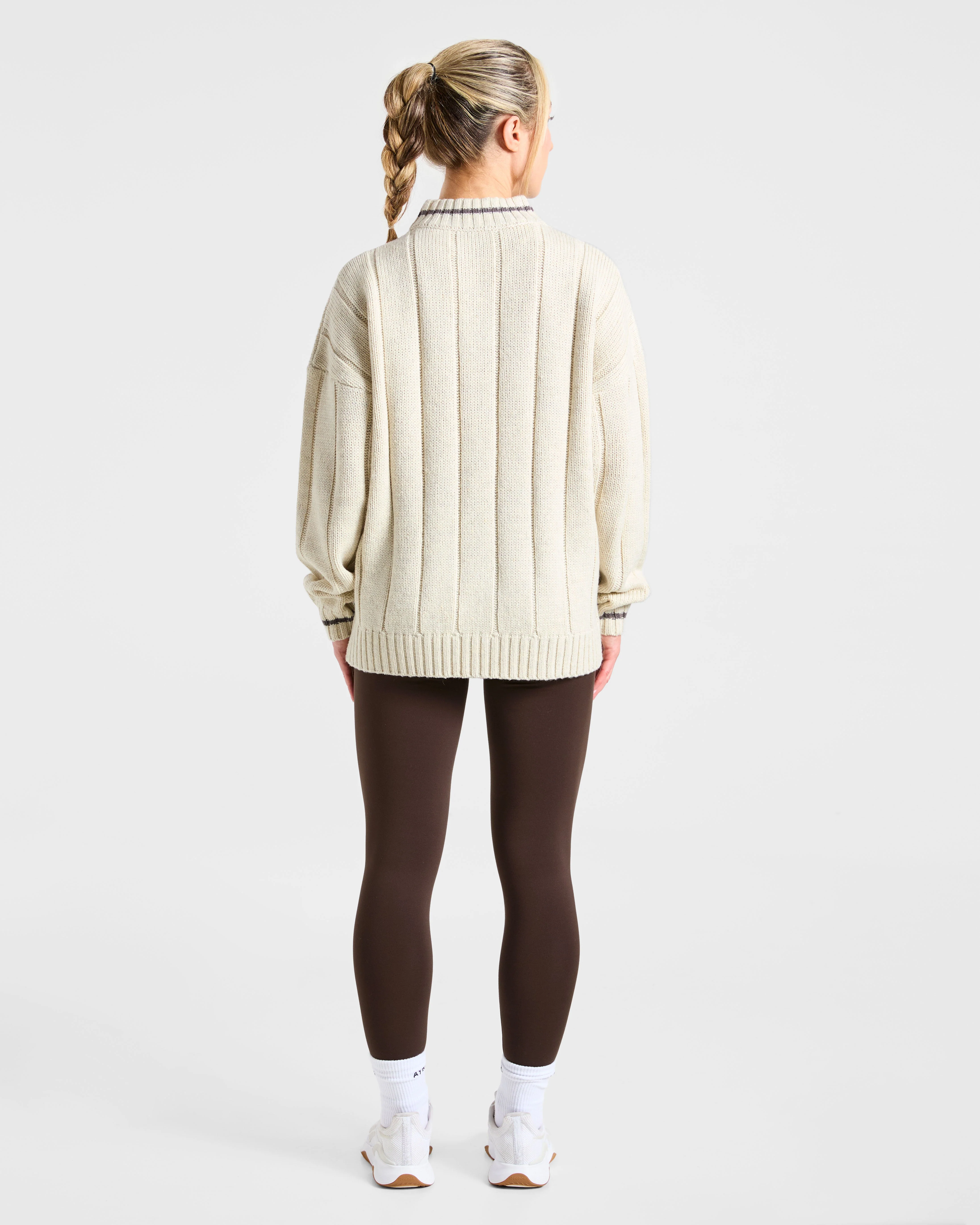 Athletics Oversized Knitted 1/4 Zip - Oatmeal - Image 4