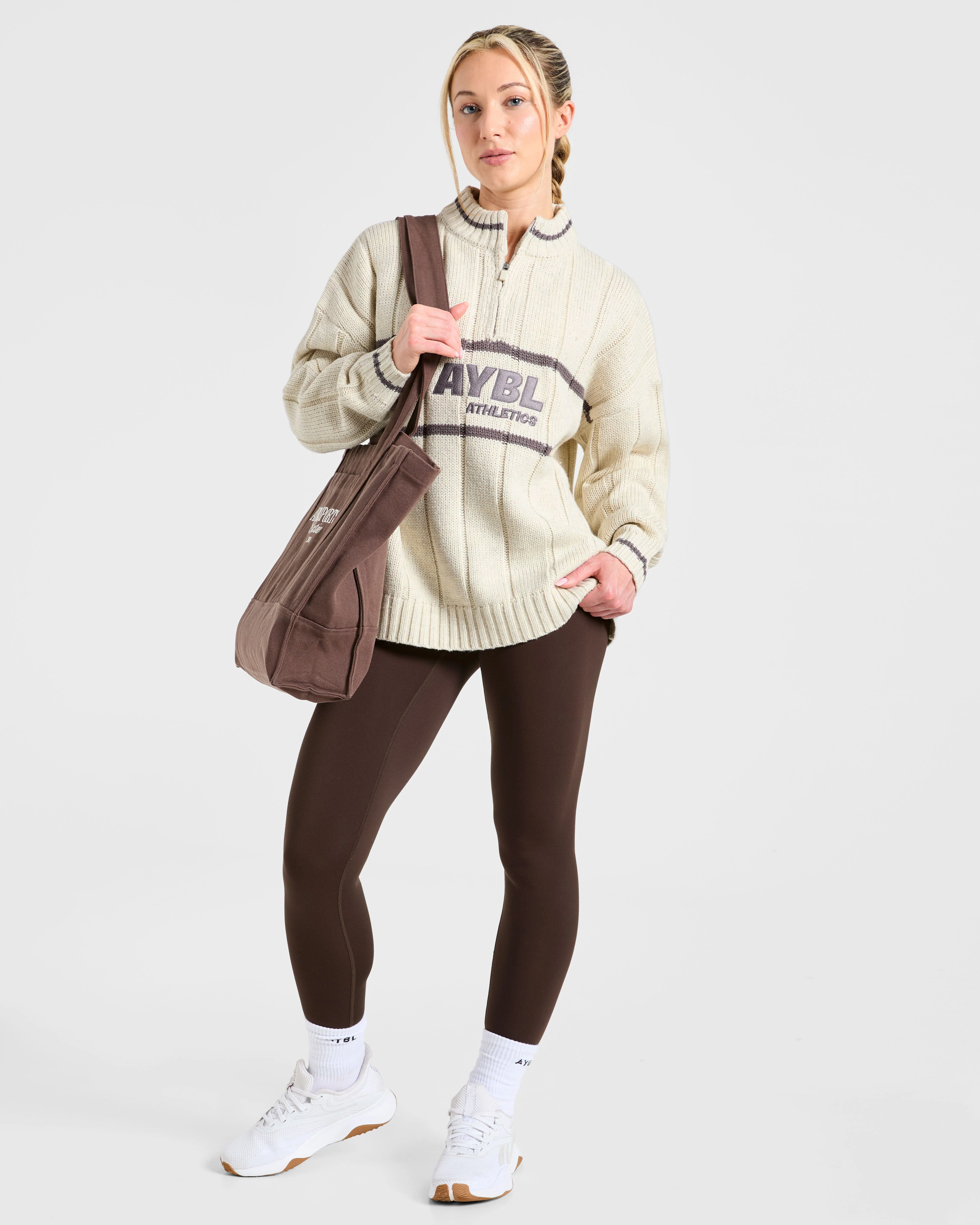 Athletics Oversized Knitted 1/4 Zip - Oatmeal - Image 7