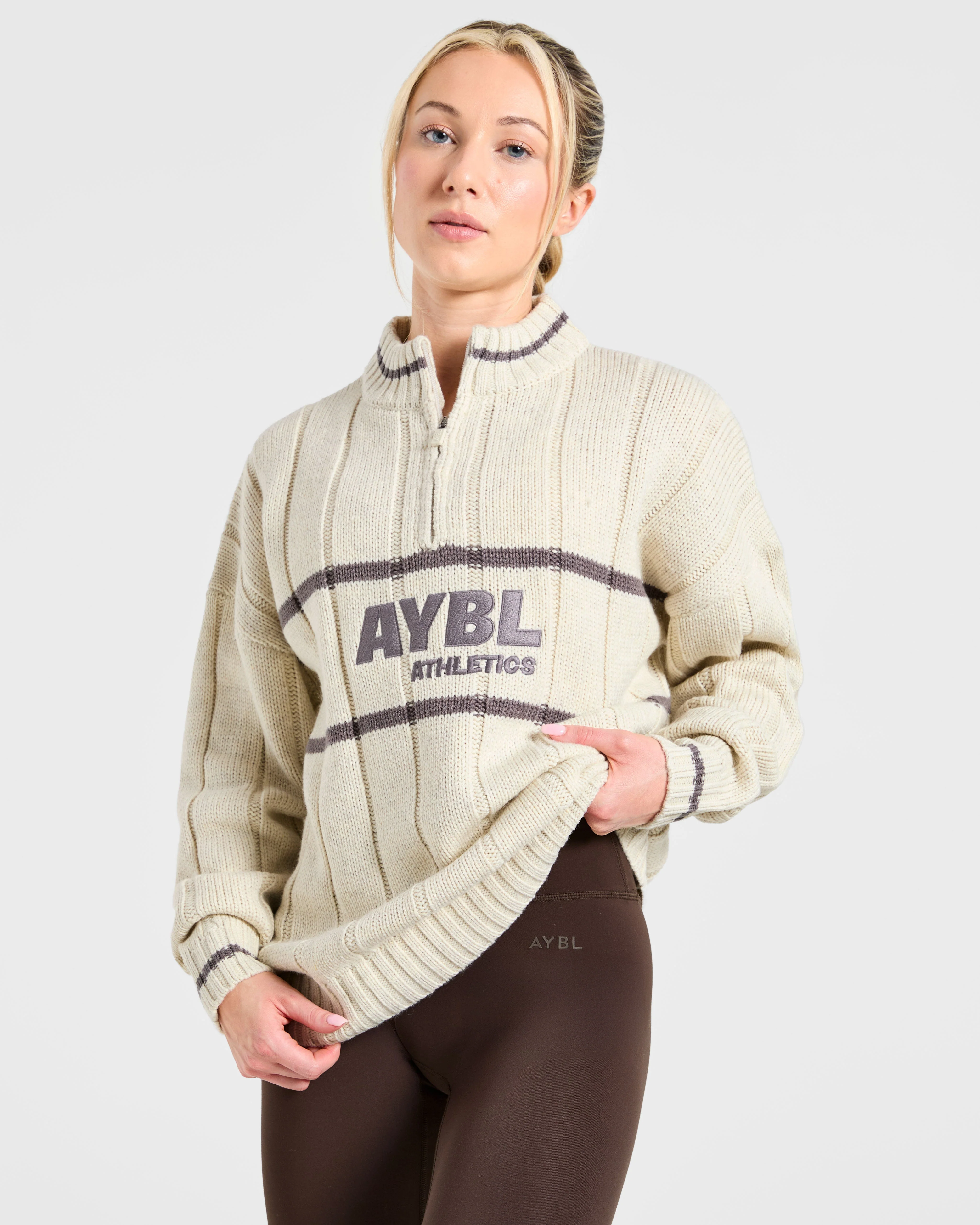 Athletics Oversized Knitted 1/4 Zip - Oatmeal - Image 8