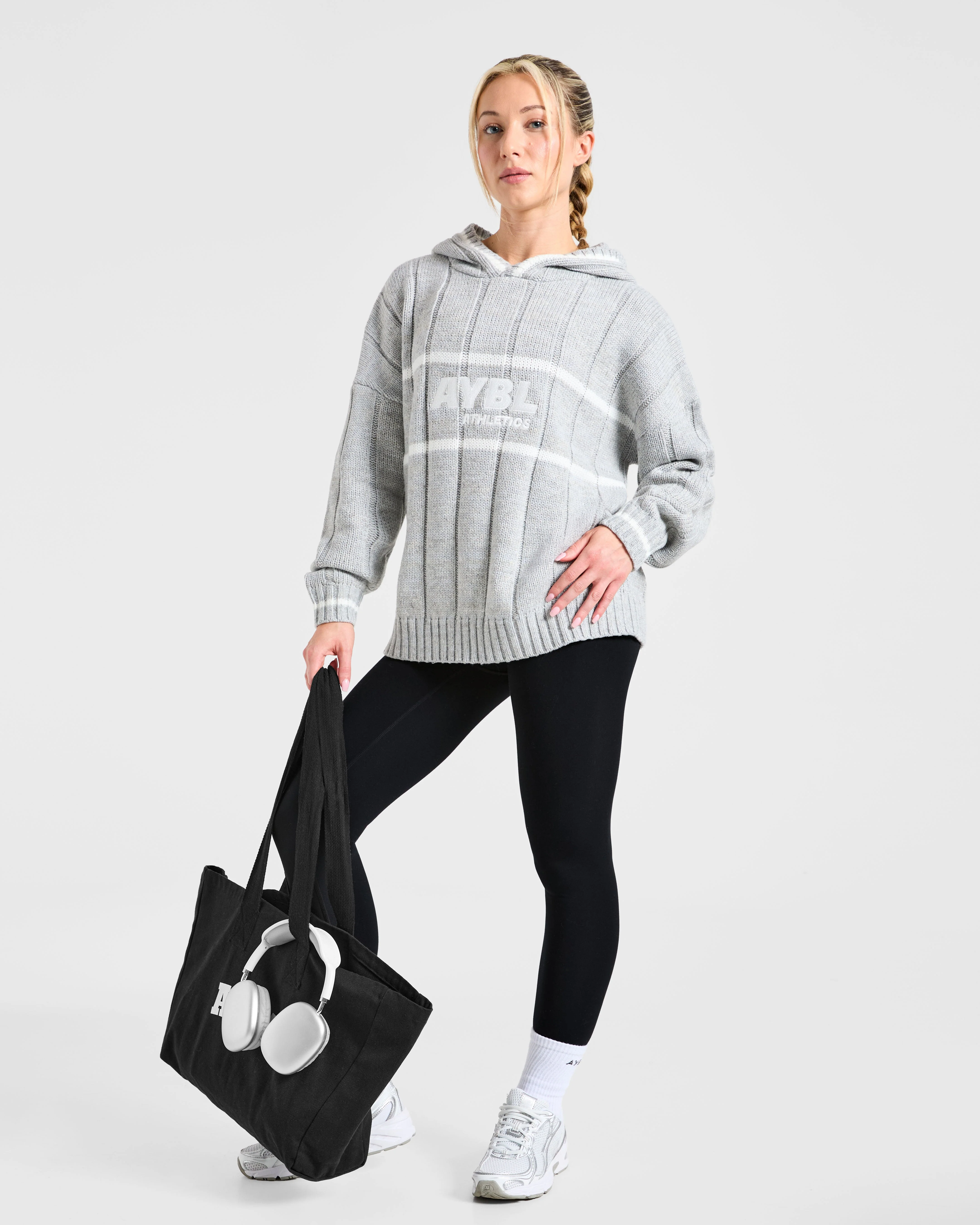 Athletics Oversized Knitted Hoodie - Grey Marl - Image 7