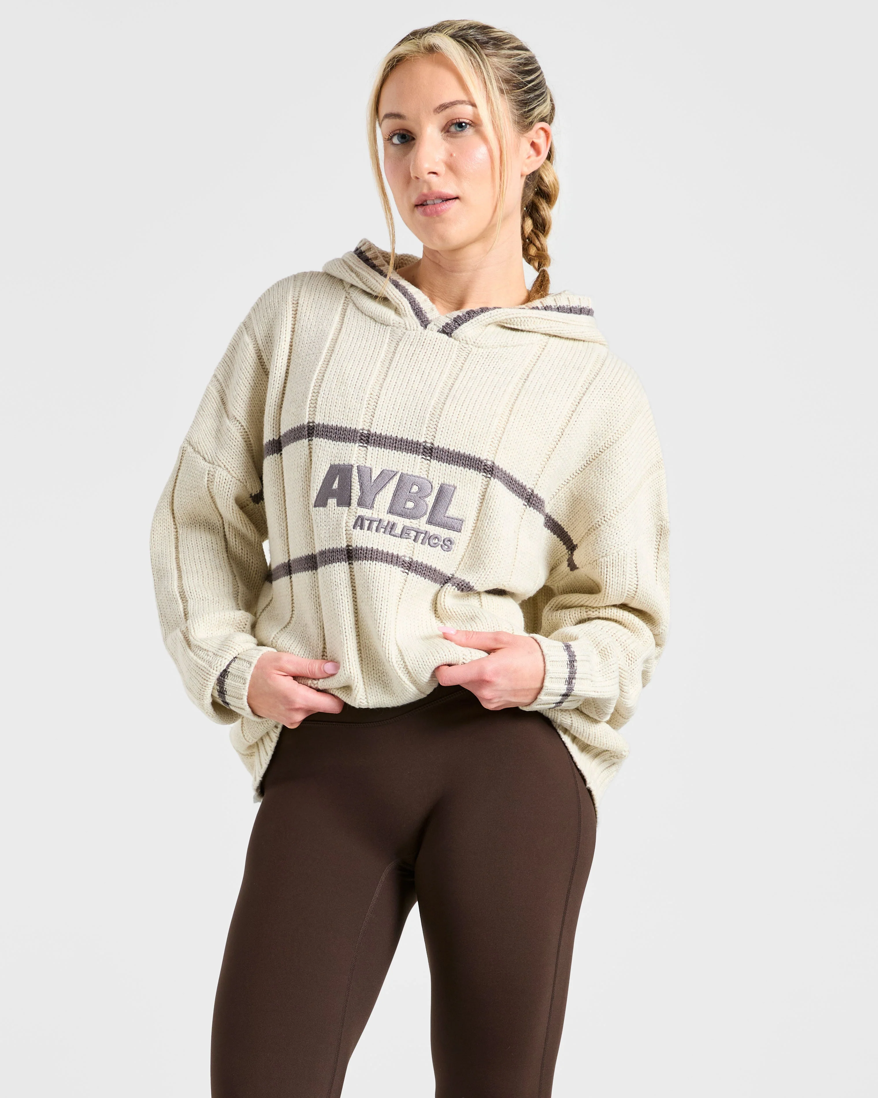 Athletics Oversized Knitted Hoodie - Oatmeal - Image 7