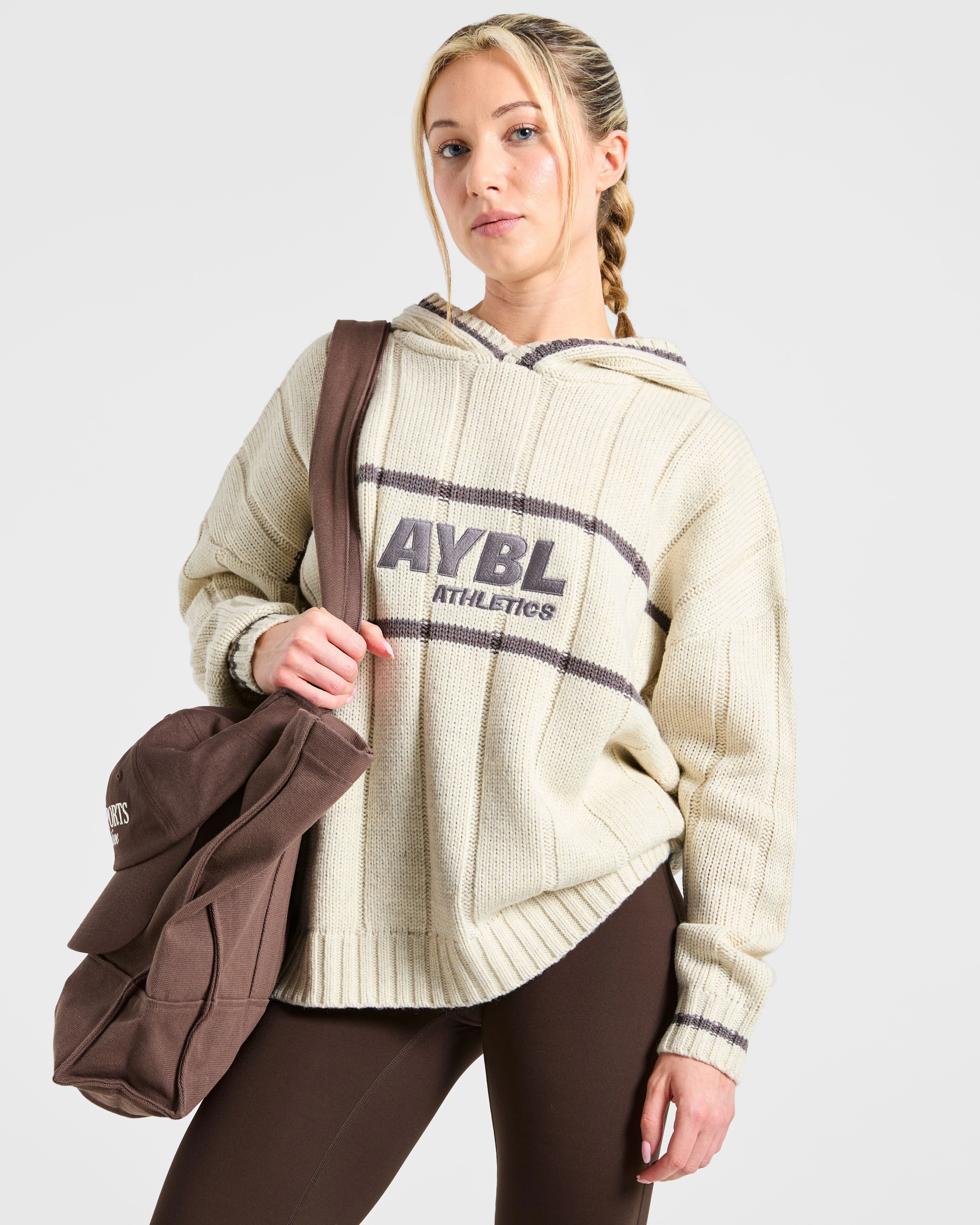 Athletics Oversized Knitted Hoodie - Oatmeal - Image 8