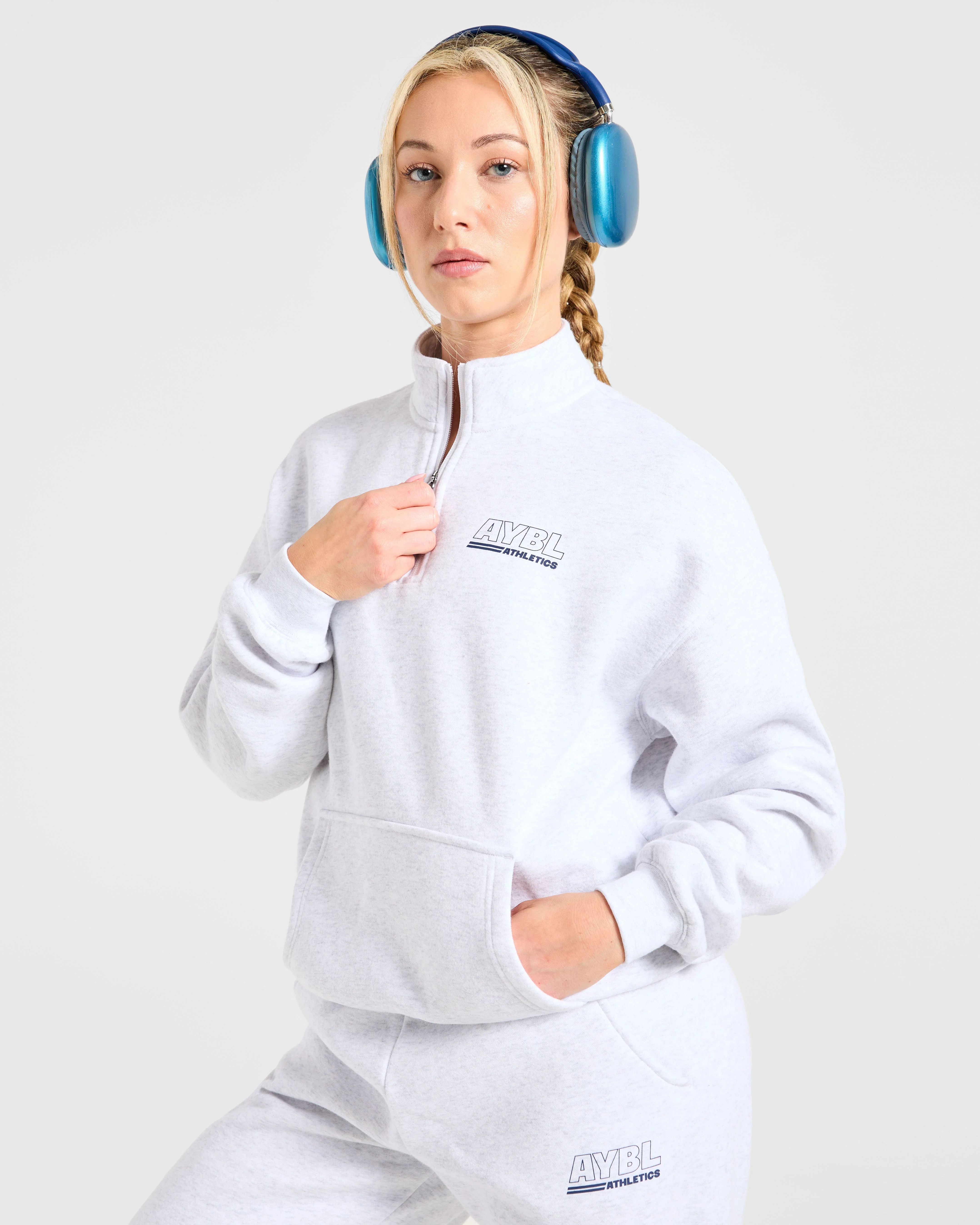 Athletics Track Oversized 1/4 Zip Pullover - Heather Grey/Navy - Image 8