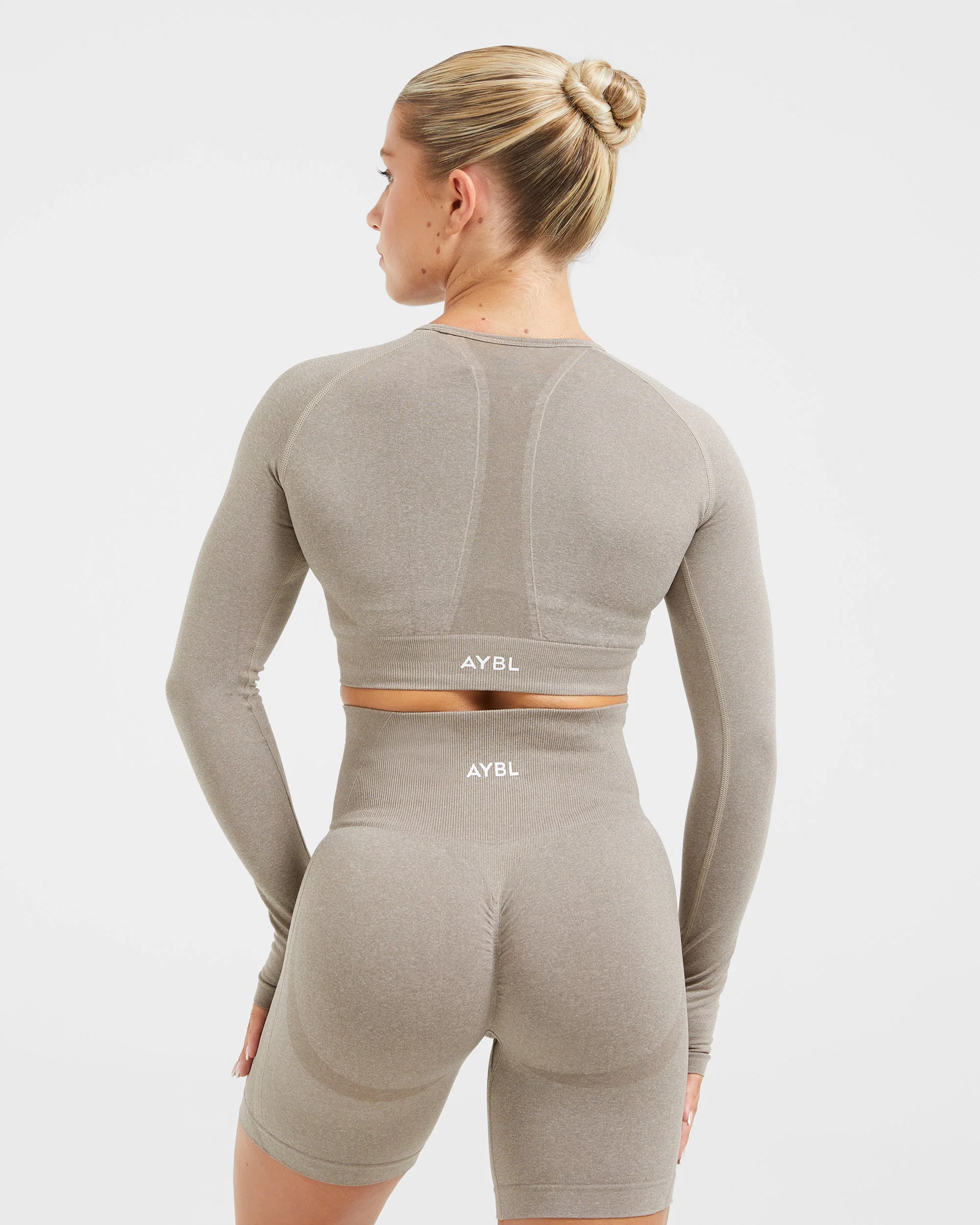 Empower Seamless Long Sleeve Crop Top - Taupe Marl - Image 2