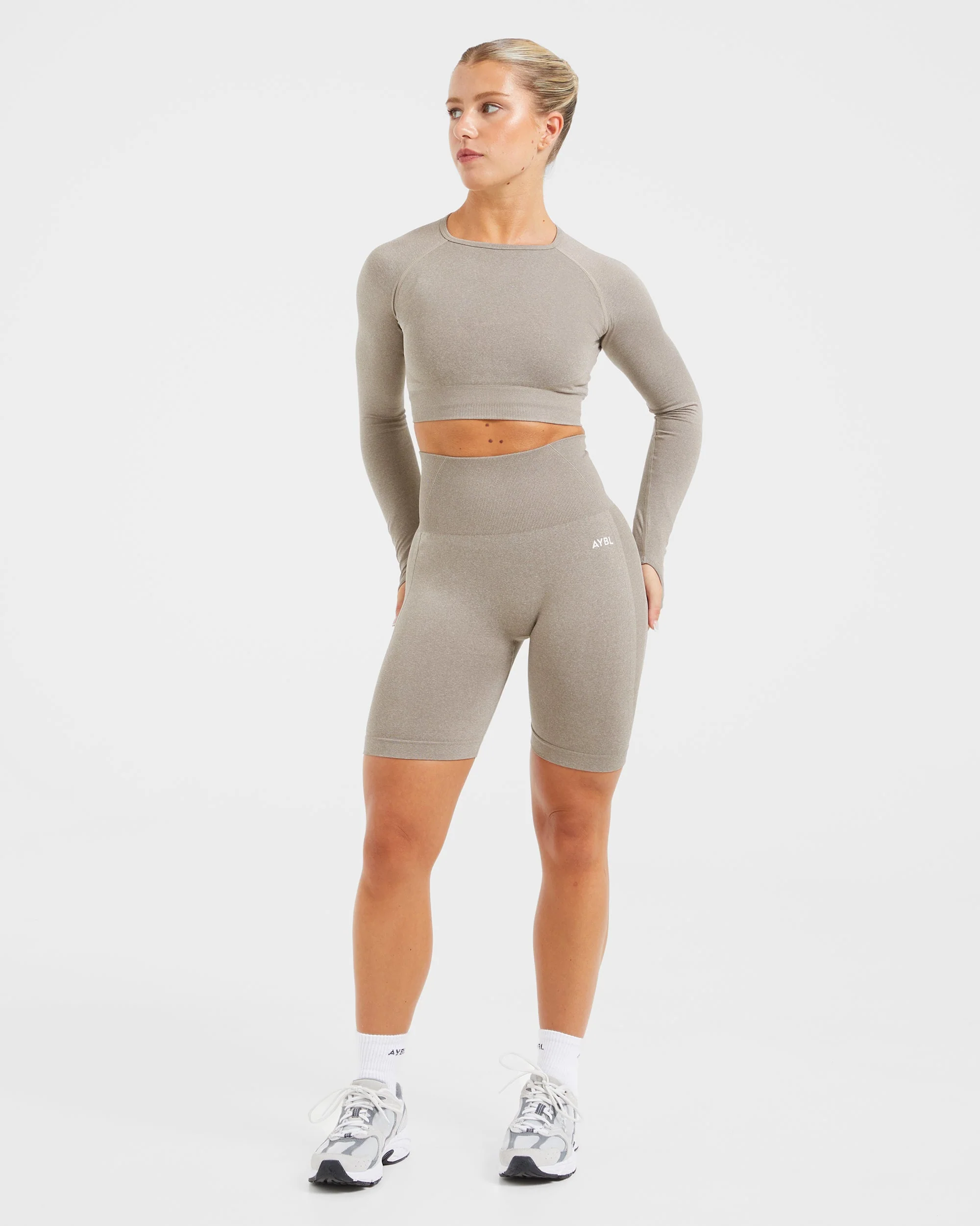 Empower Seamless Long Sleeve Crop Top - Taupe Marl - Image 3