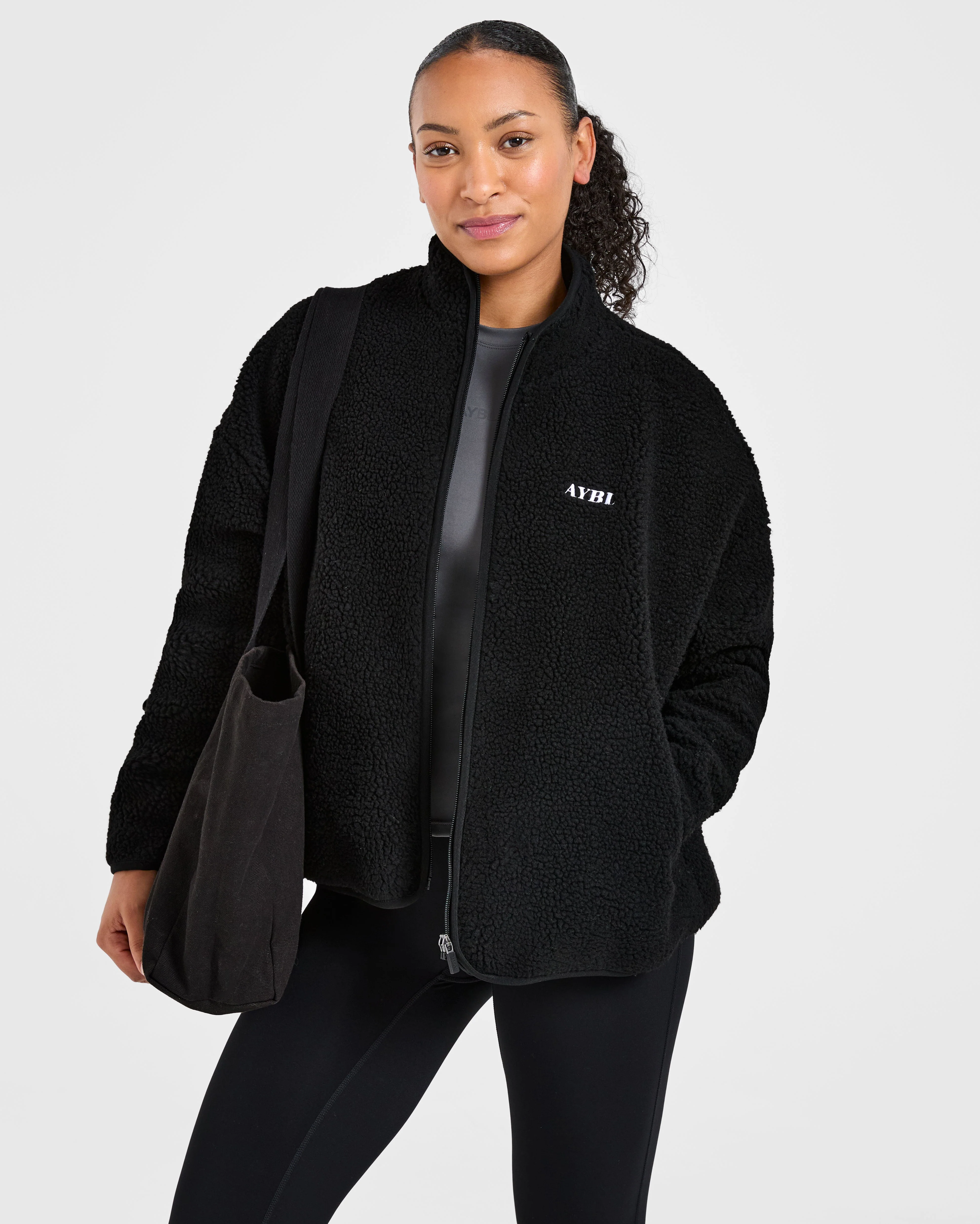 Oversized Zip Up Fleece Jacket - Black - Image 8