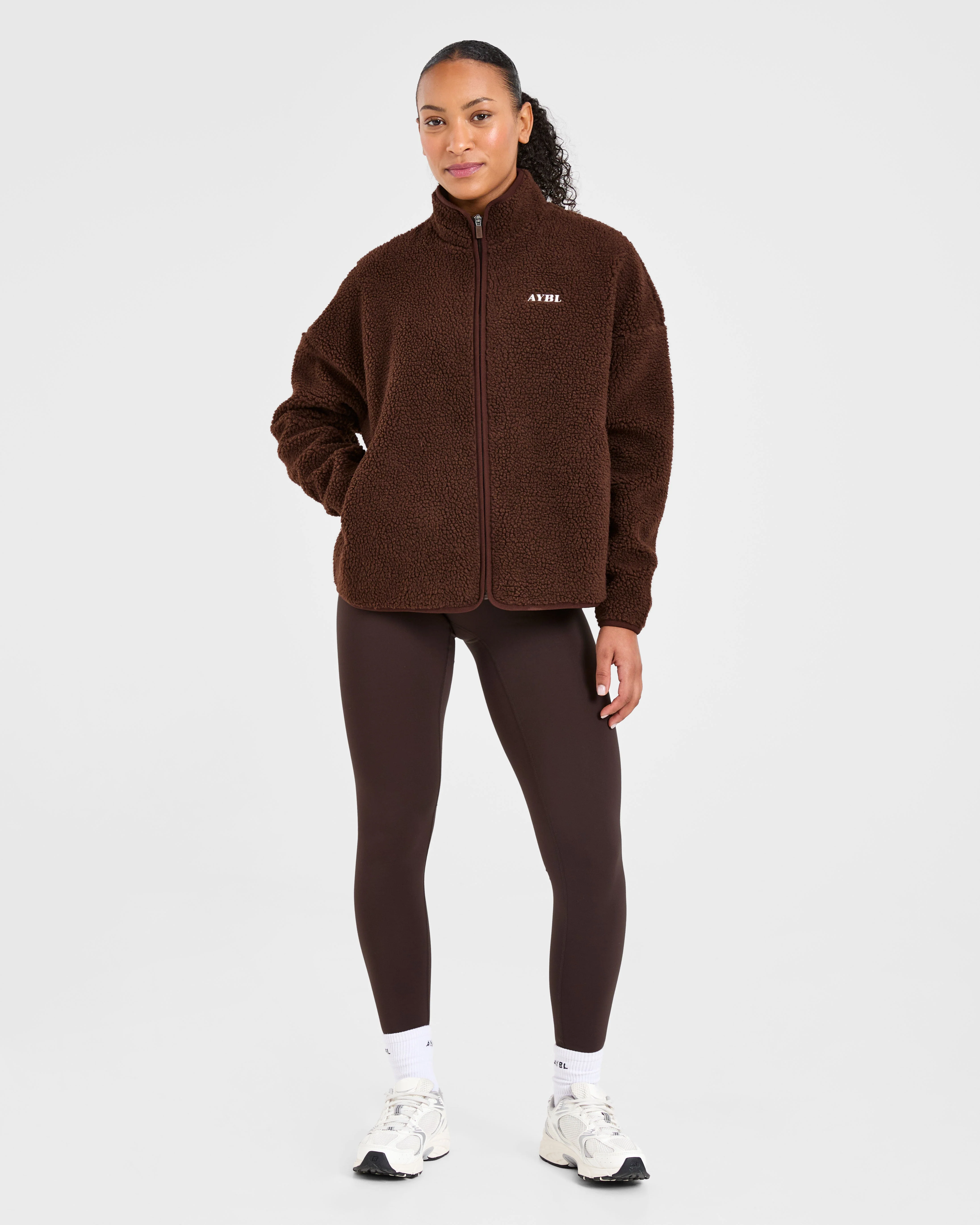 Oversized Zip Up Fleece Jacket - Brown - Image 3