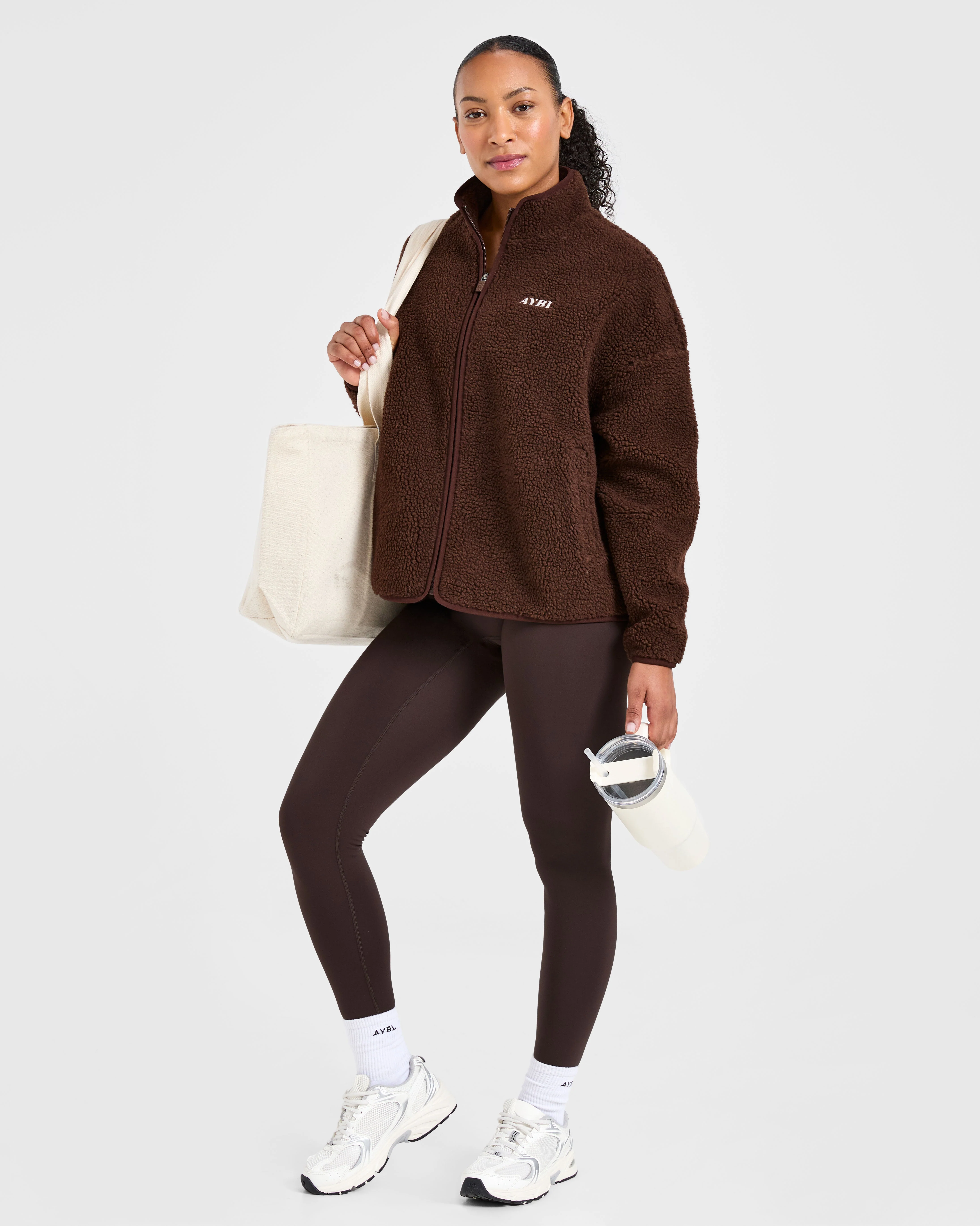 Oversized Zip Up Fleece Jacket - Brown - Image 7