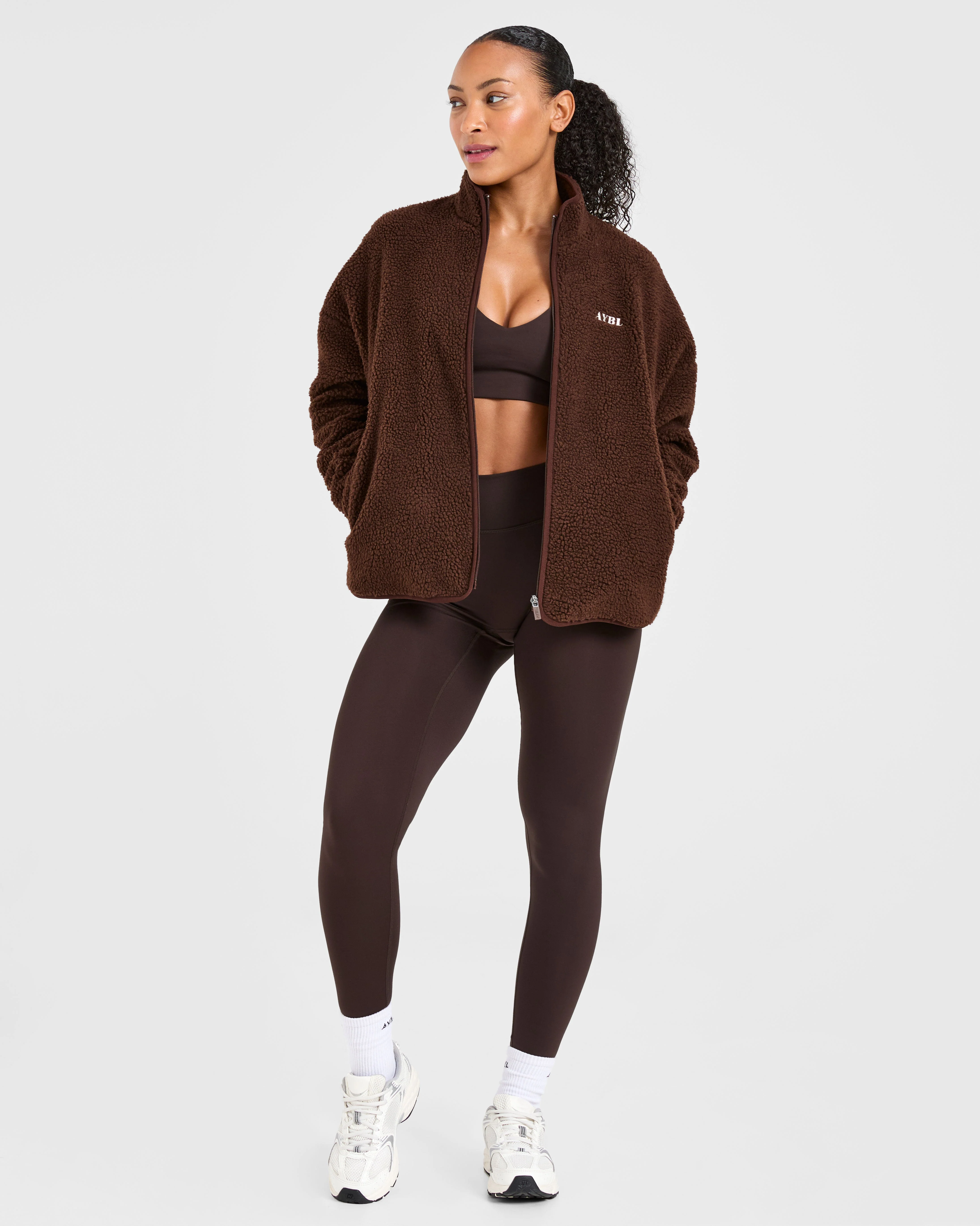 Oversized Zip Up Fleece Jacket - Brown - Image 8