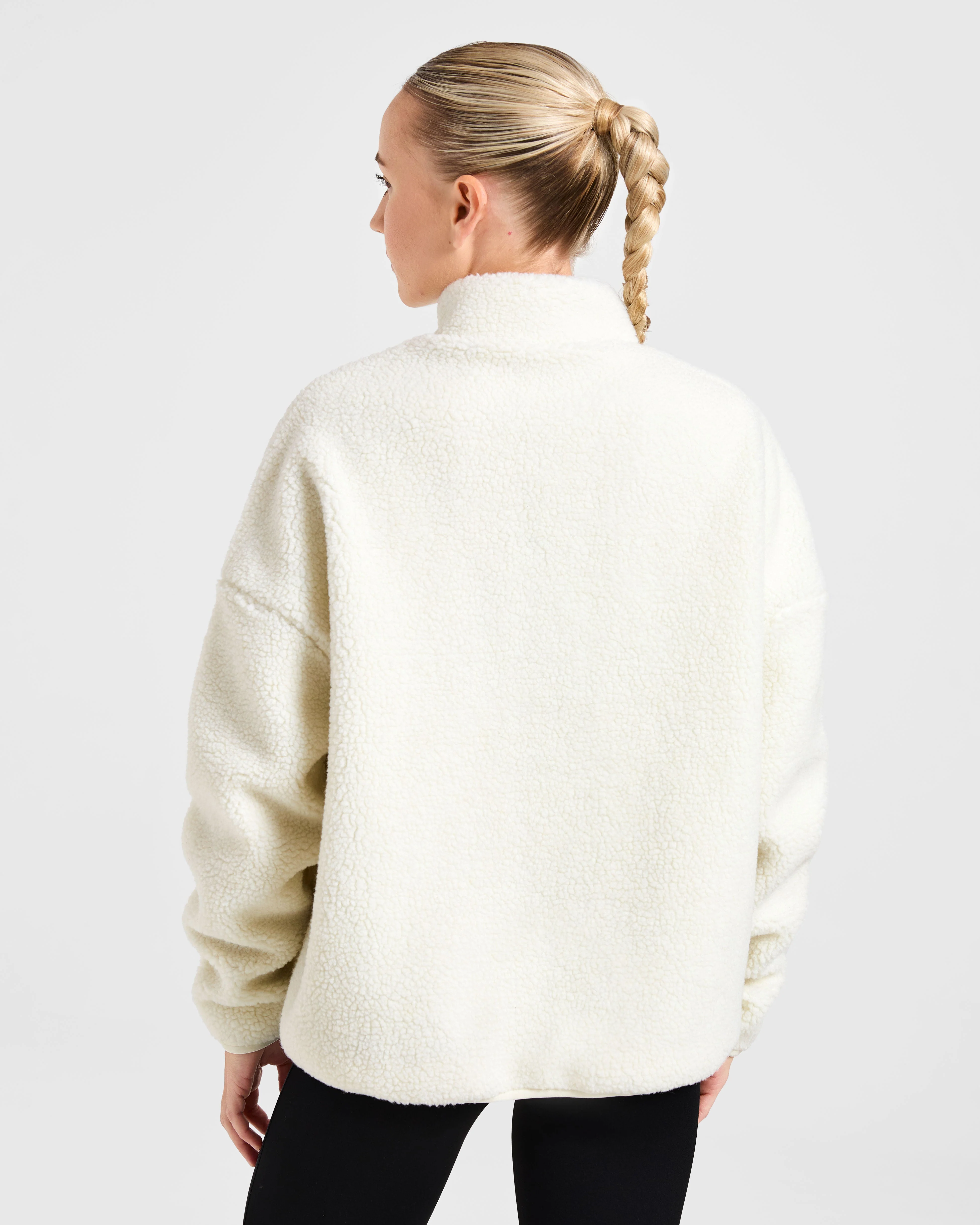 Oversized Zip Up Fleece Jacket - Cream - Image 2