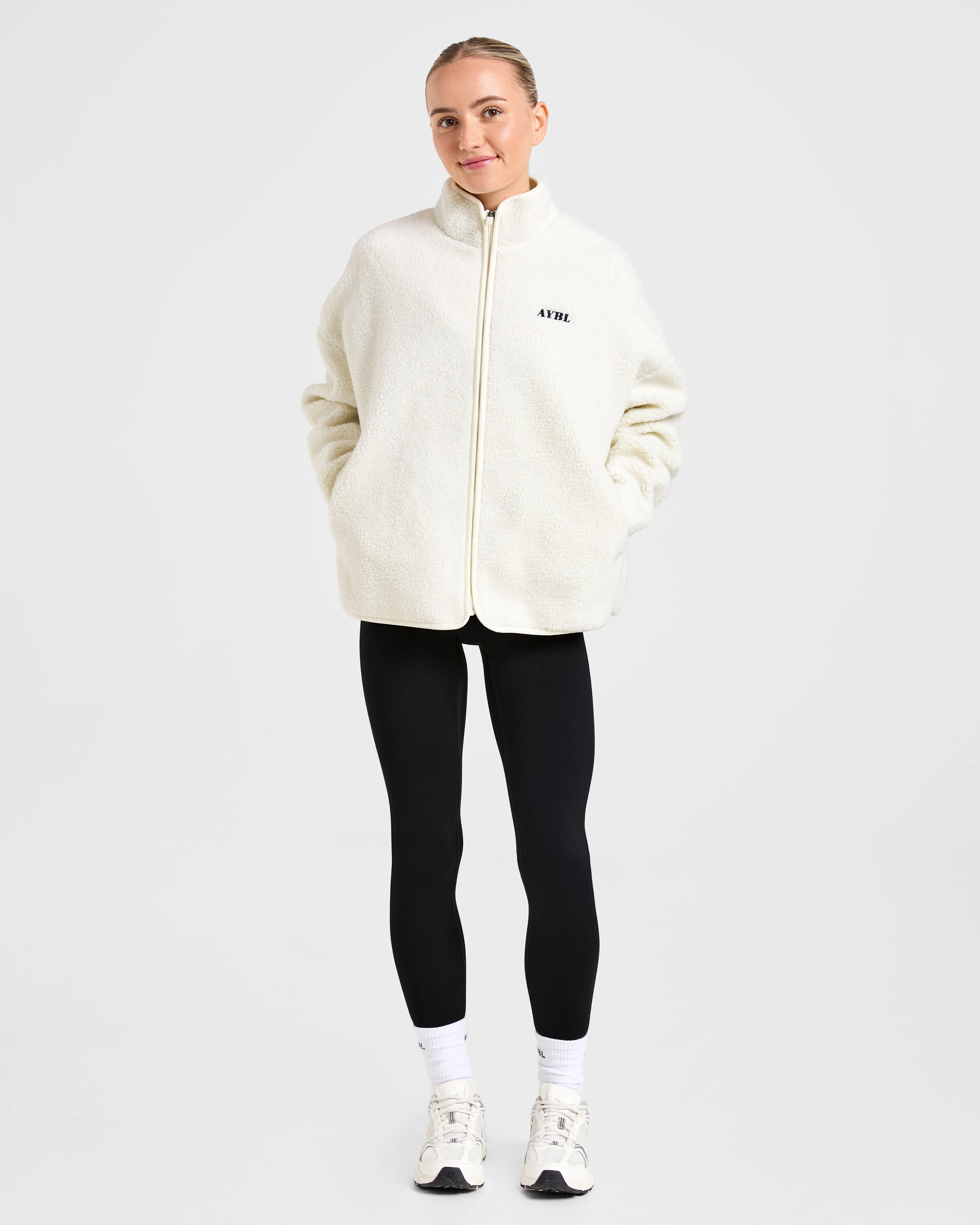 Oversized Zip Up Fleece Jacket - Cream - Image 3