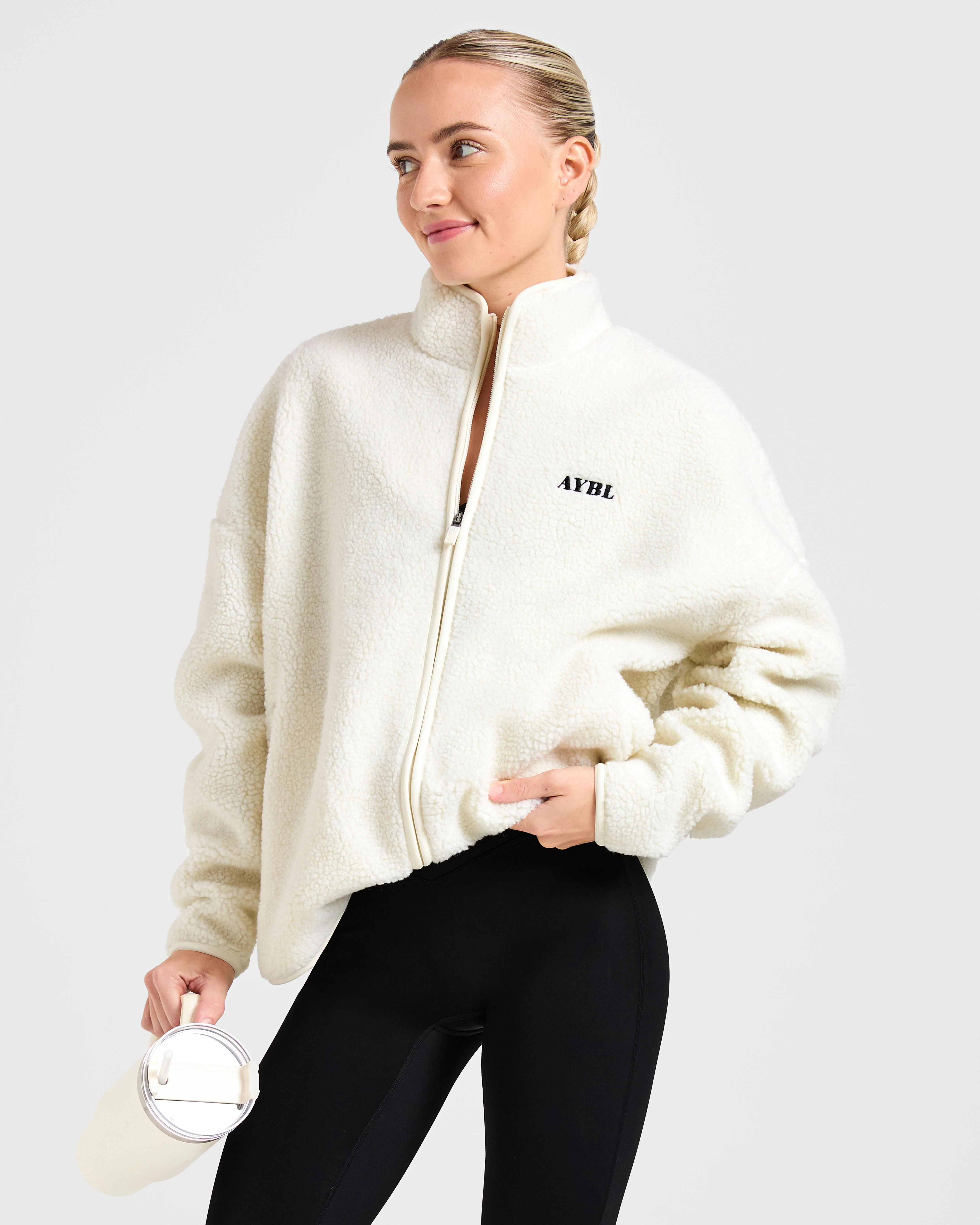 Oversized Zip Up Fleece Jacket - Cream - Image 7