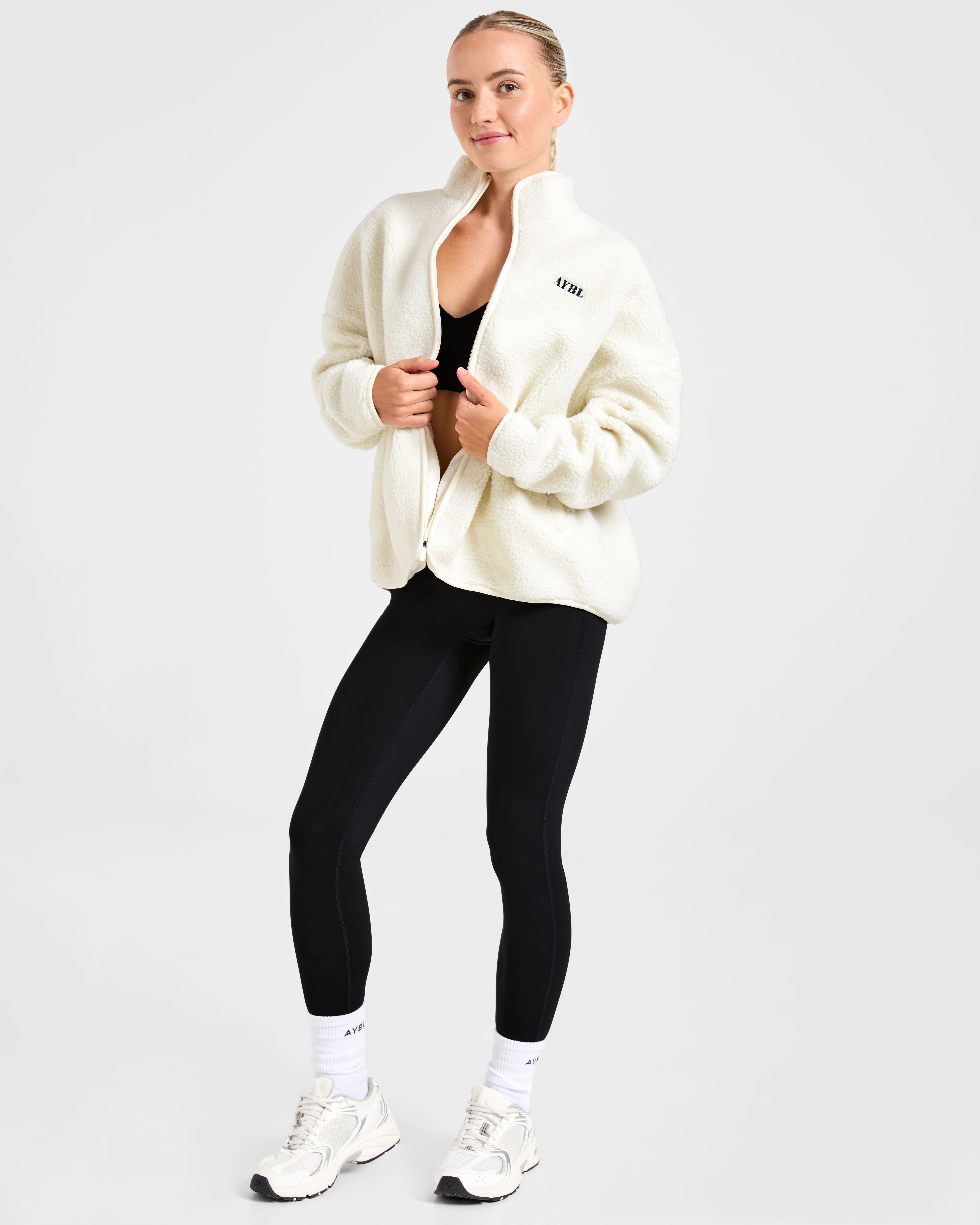 Oversized Zip Up Fleece Jacket - Cream - Image 8
