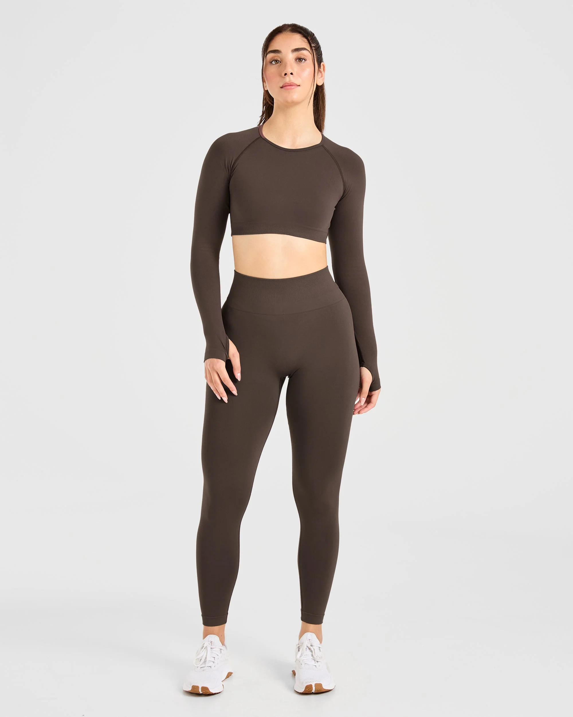 Power Seamless Long Sleeve Crop Top - Chestnut Brown - Image 3