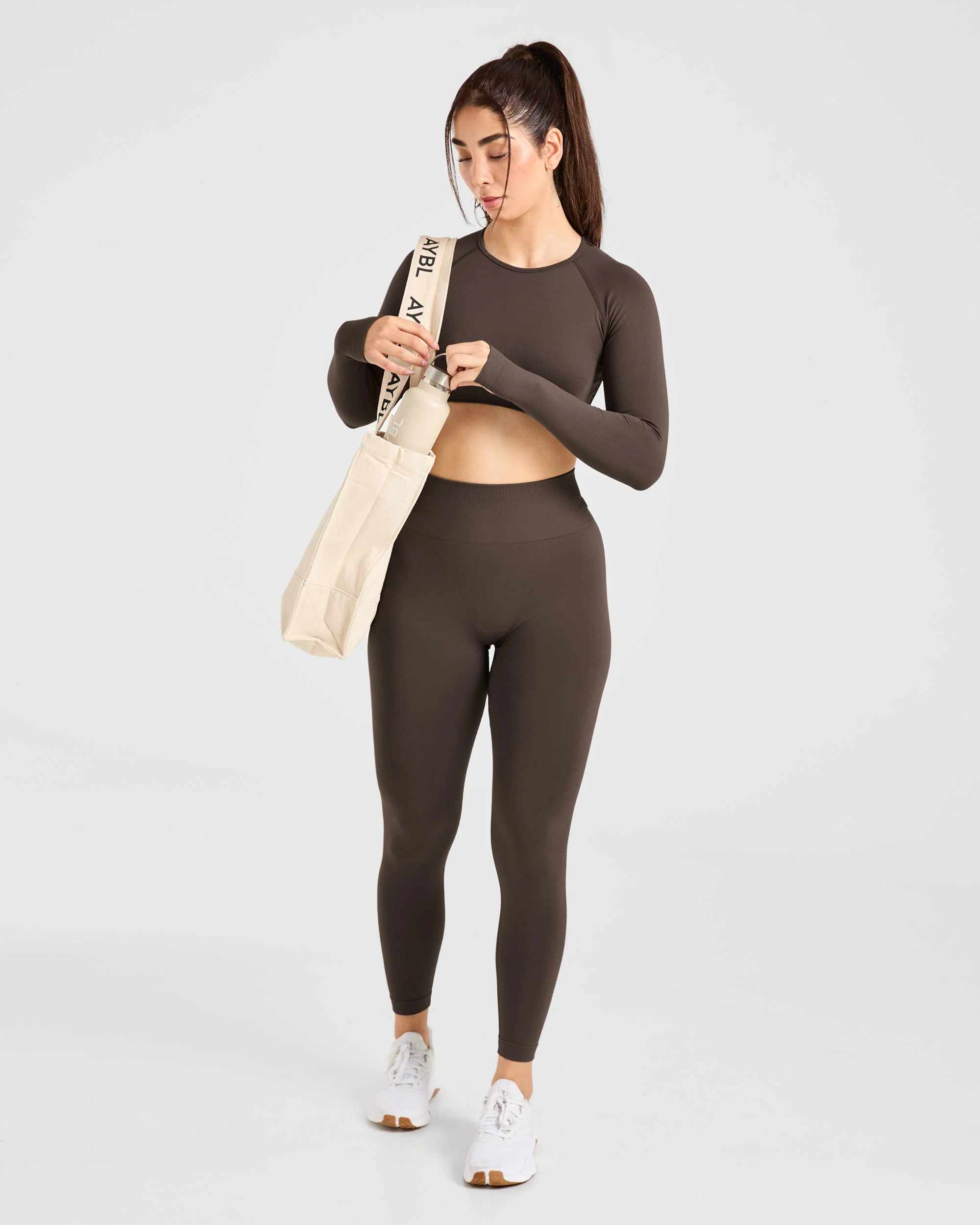 Power Seamless Long Sleeve Crop Top - Chestnut Brown - Image 8