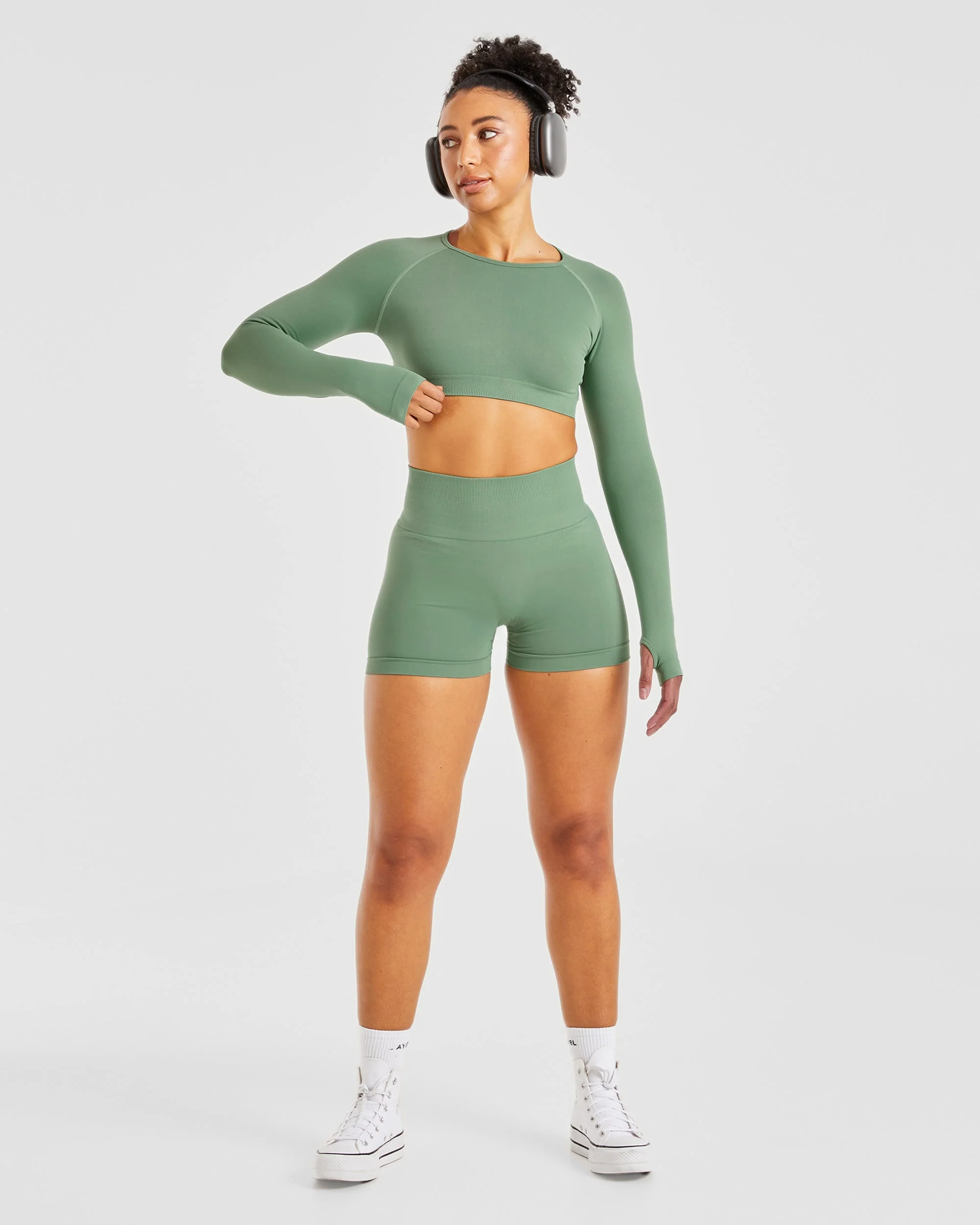 Power Seamless Long Sleeve Crop Top - Olive - Image 8