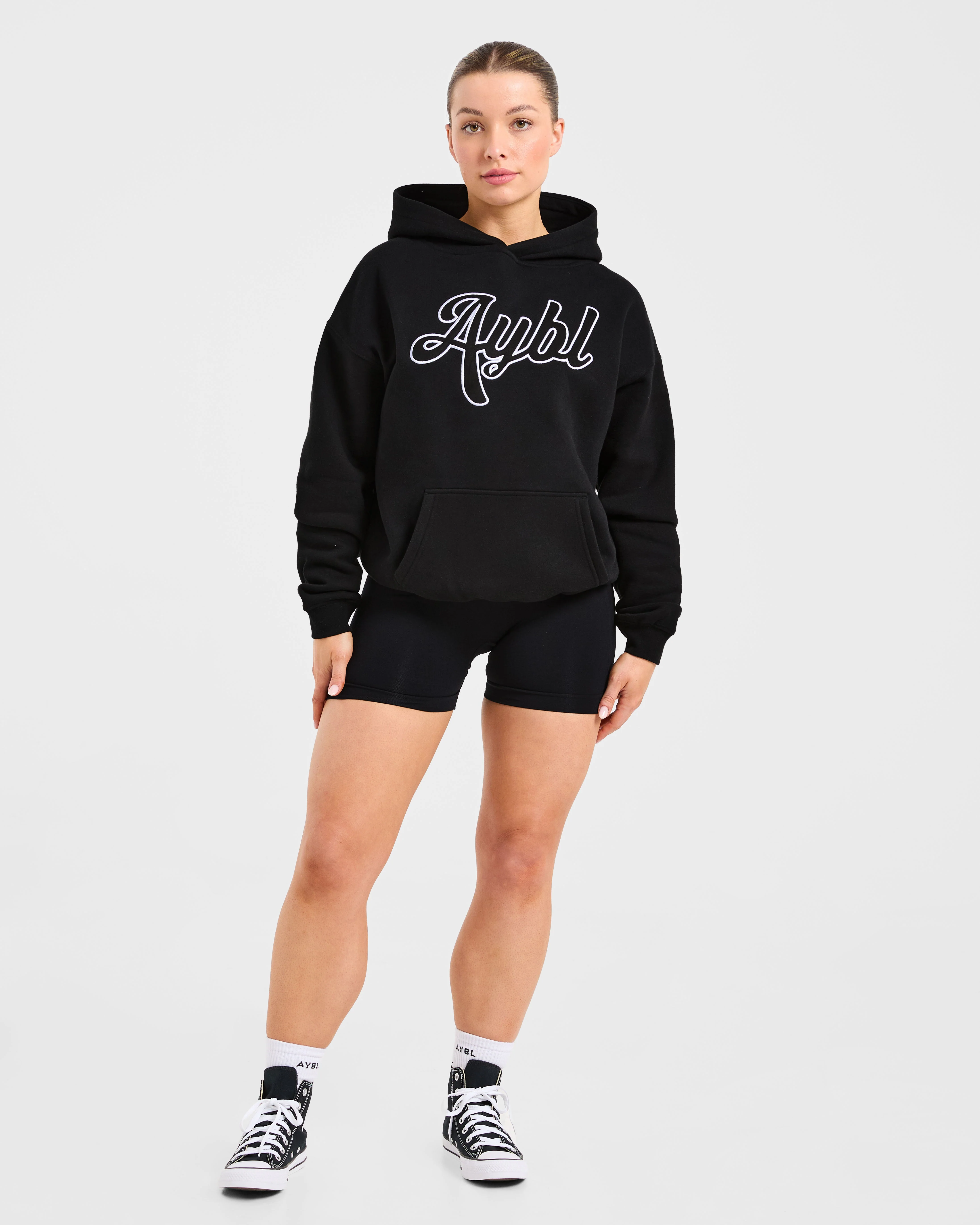 Script Embroidered Oversized Hoodie - Black - Image 3