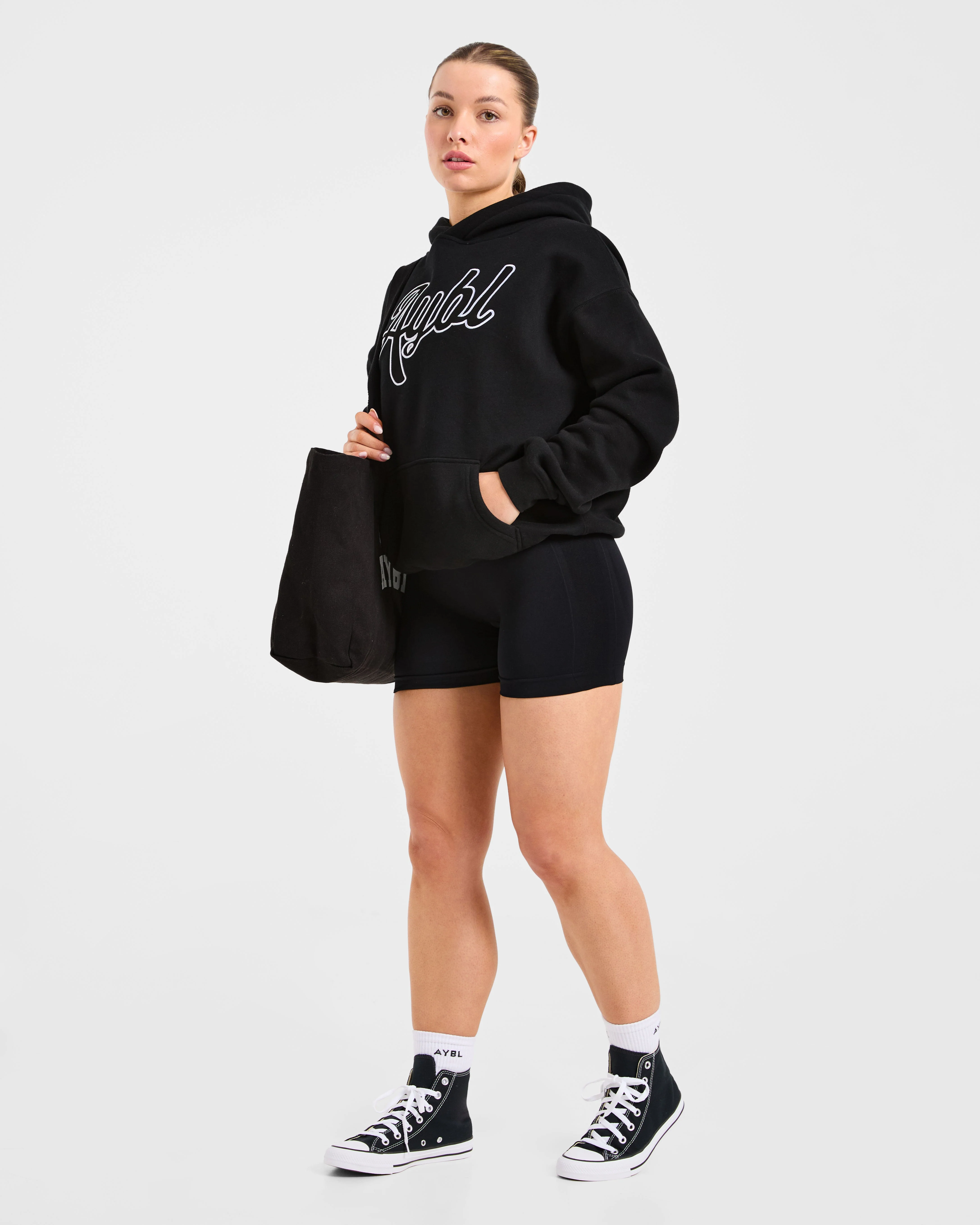 Script Embroidered Oversized Hoodie - Black - Image 7