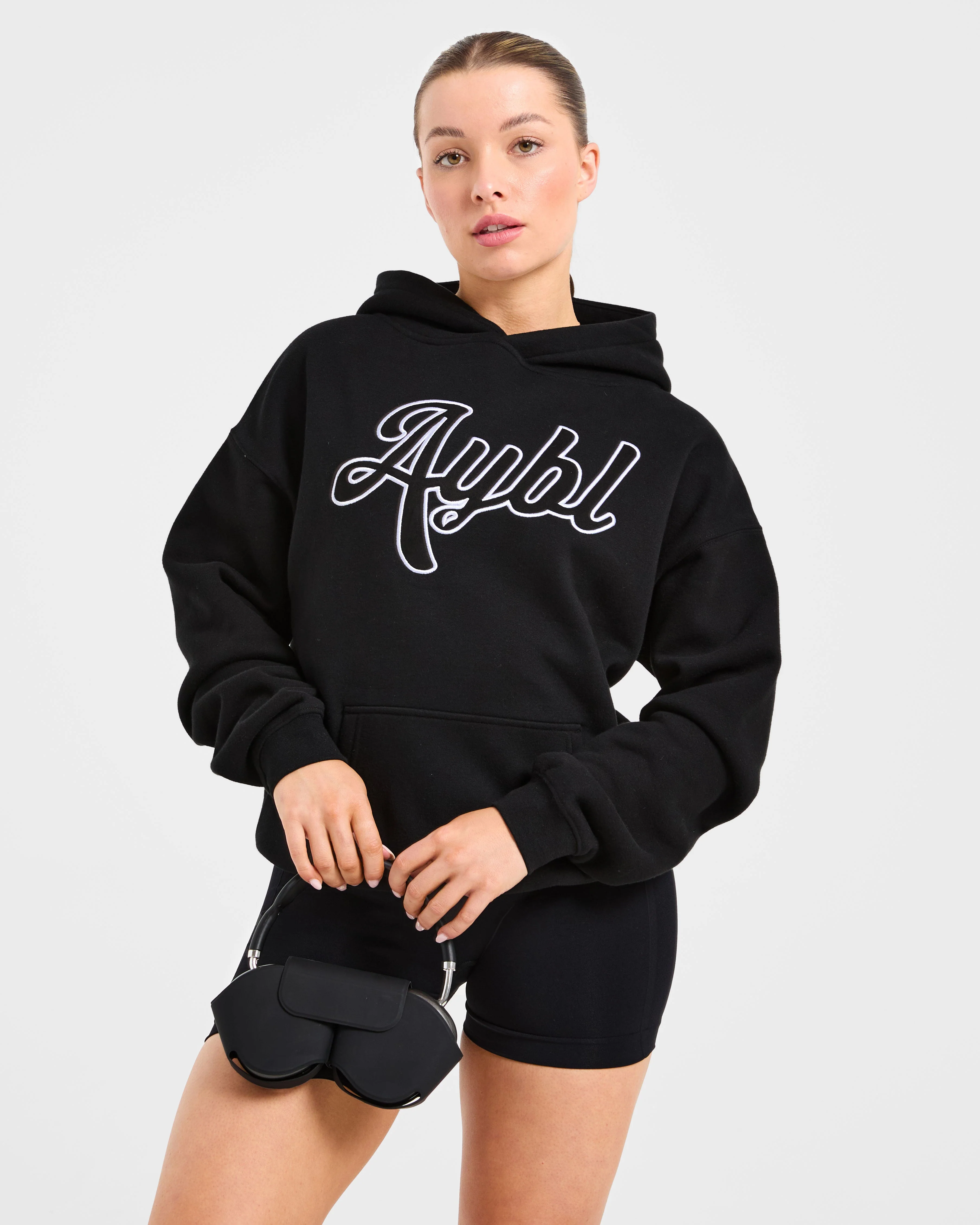 Script Embroidered Oversized Hoodie - Black - Image 8