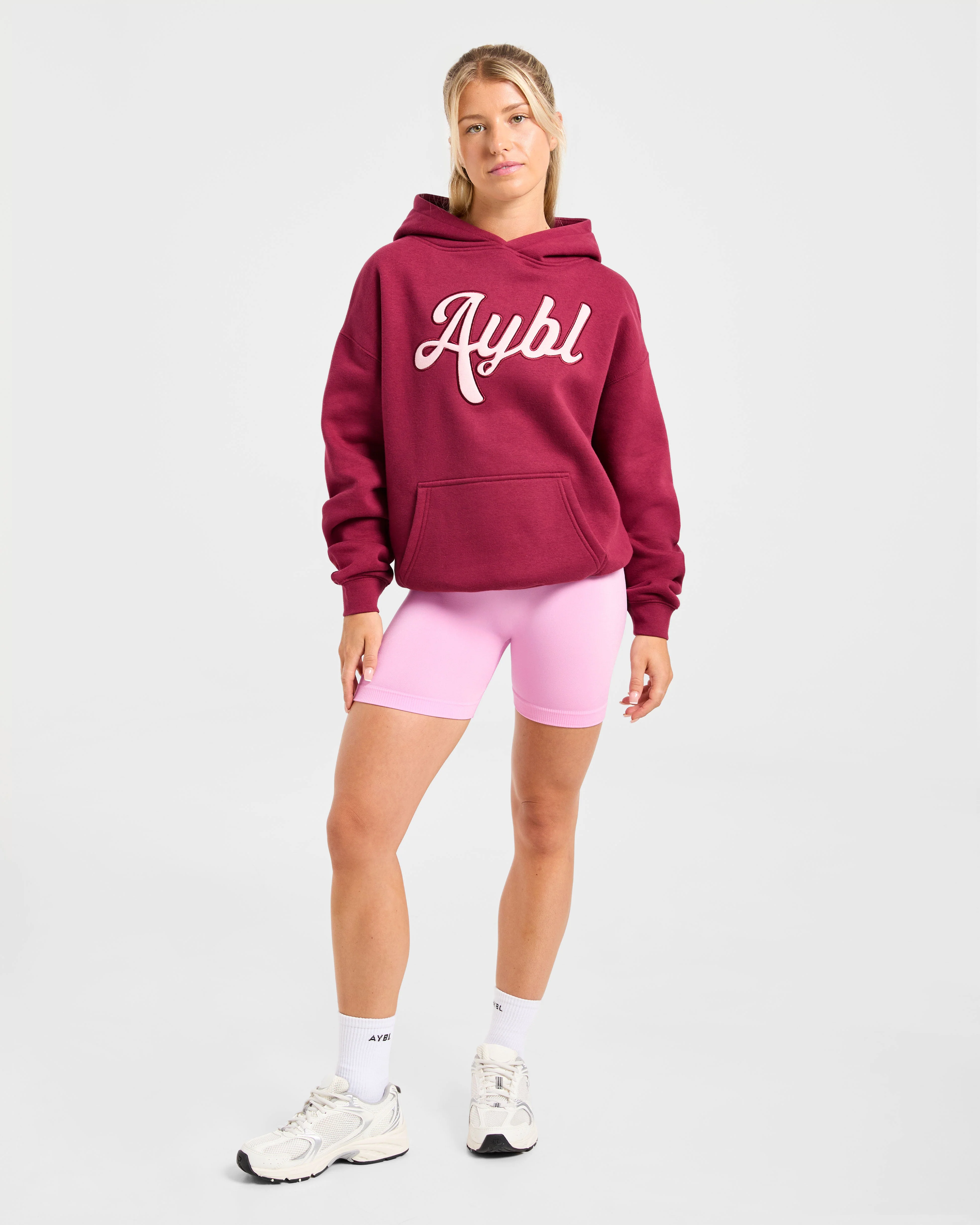 Script Embroidered Oversized Hoodie - Burgundy/Pink - Image 3