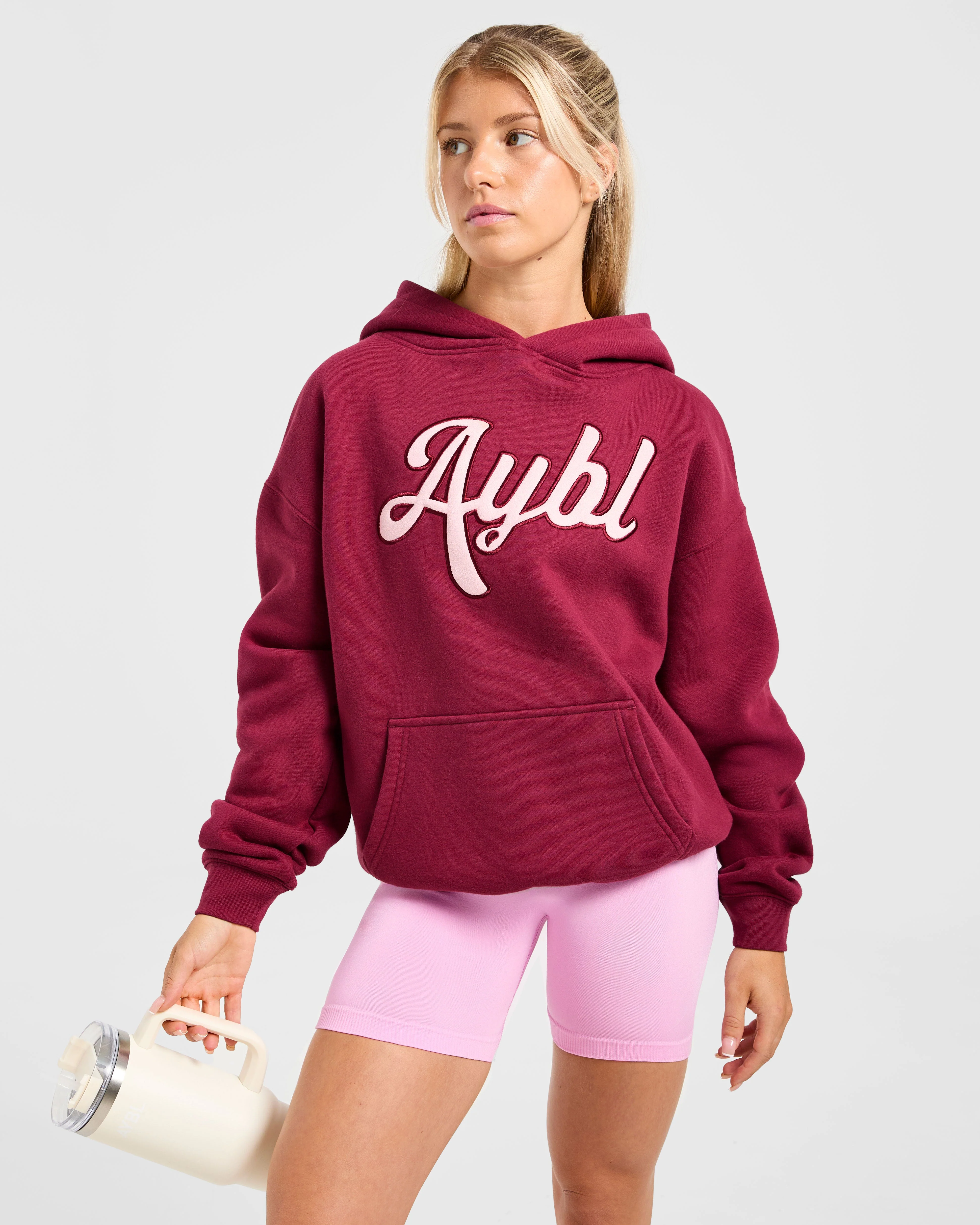 Script Embroidered Oversized Hoodie - Burgundy/Pink - Image 8