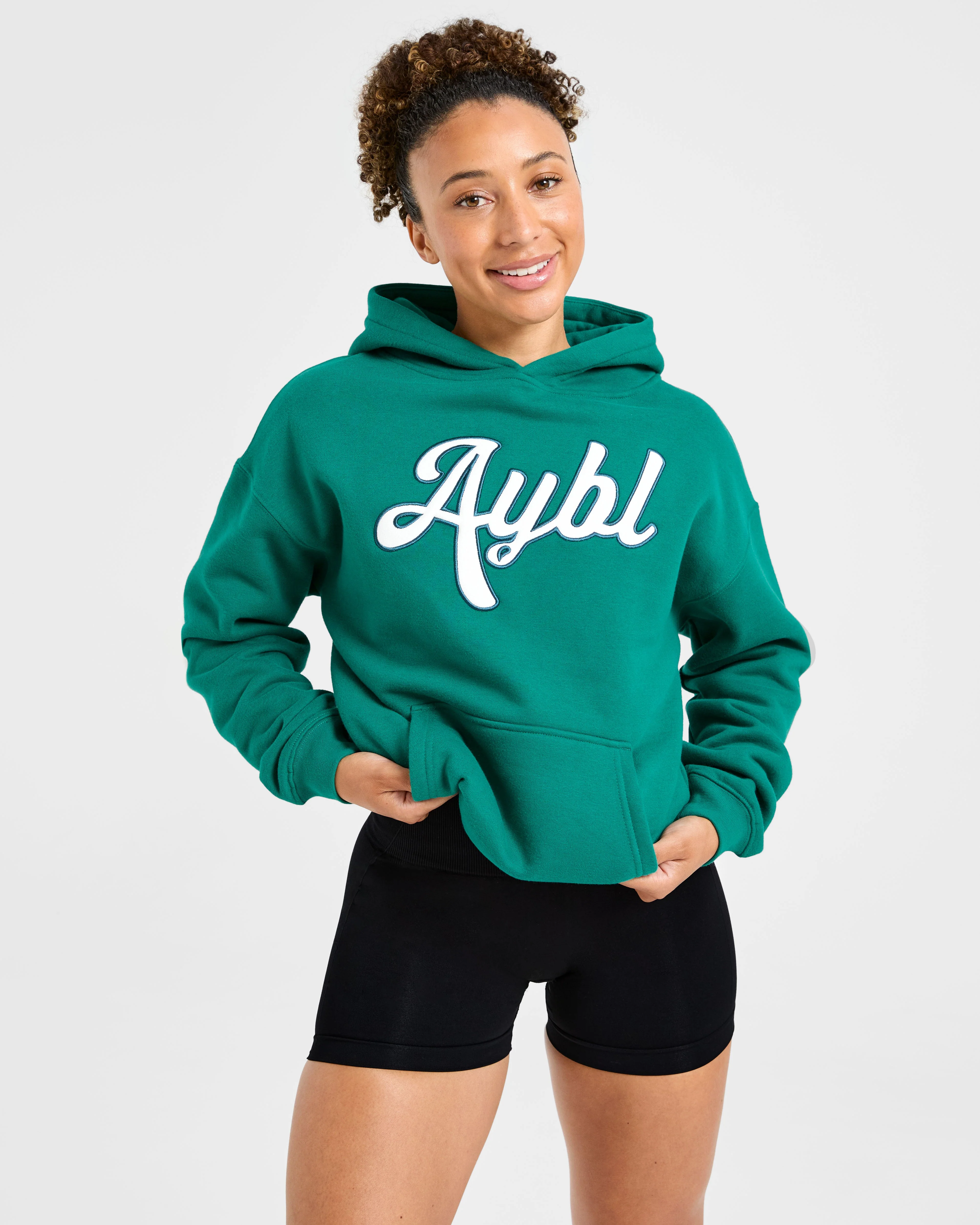 Script Embroidered Oversized Hoodie - Sports Green - Image 8