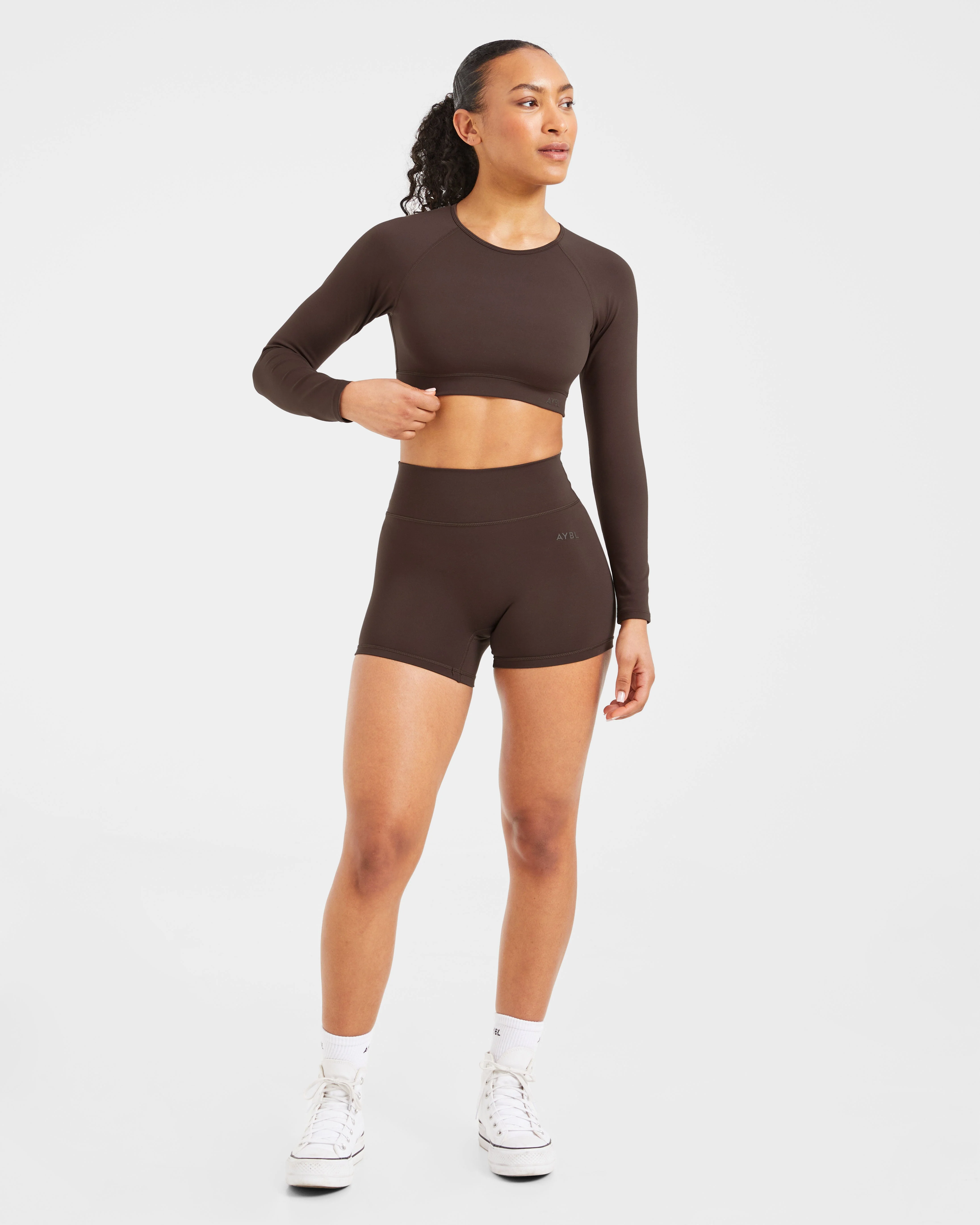 Staple Long Sleeve Crop Top - Coffee Brown - Image 3