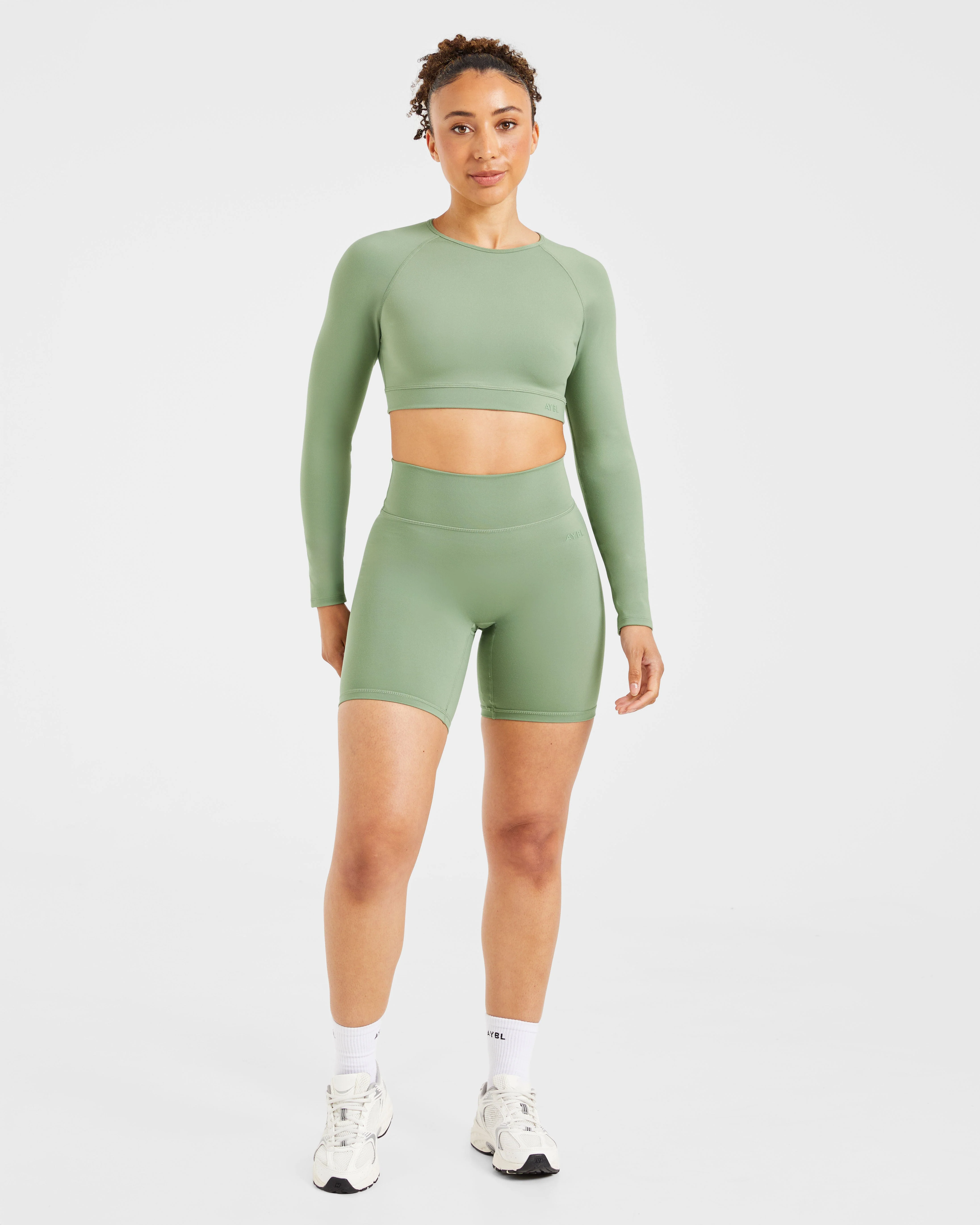 Staple Long Sleeve Crop Top - Olive Green - Image 3