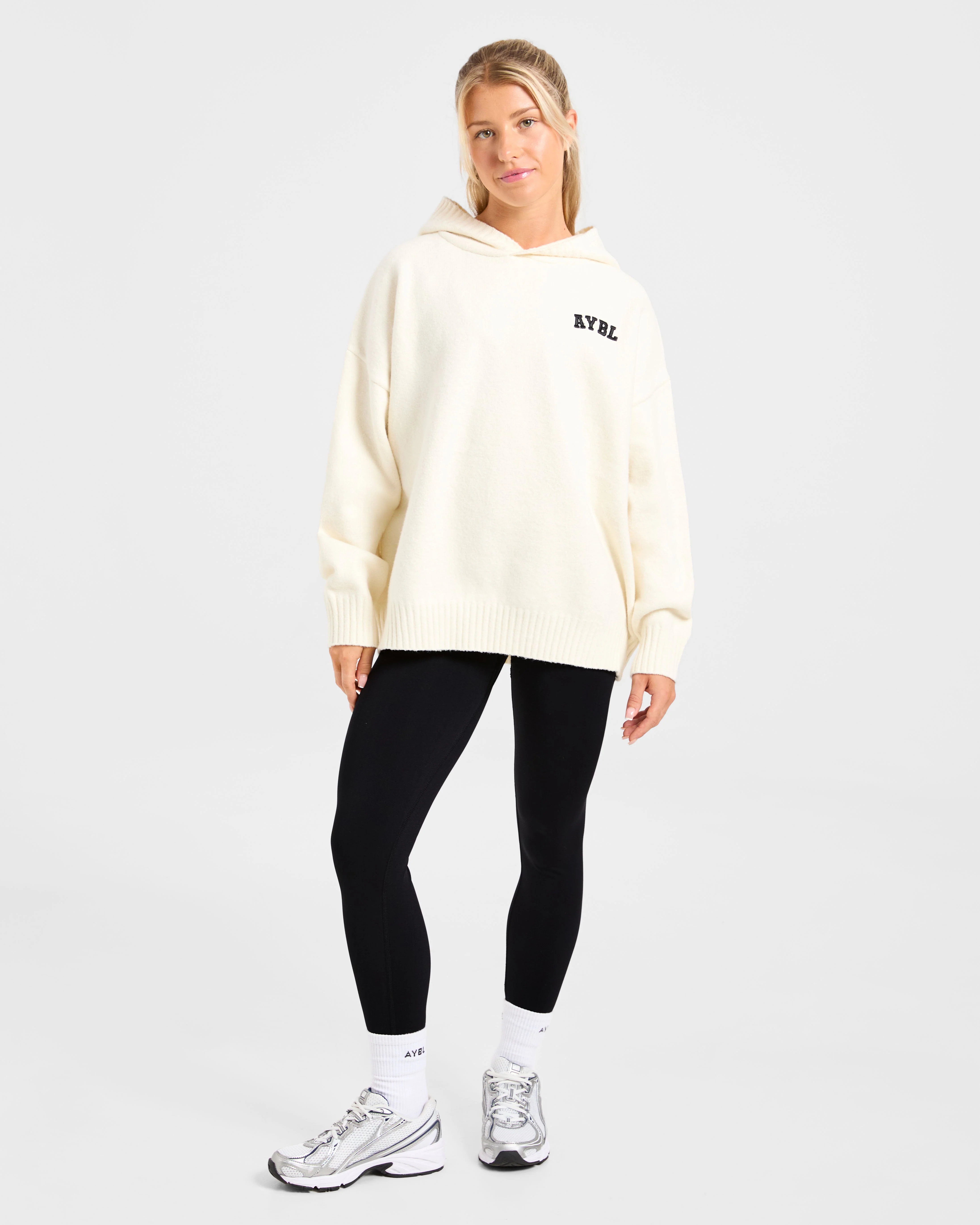 Varsity Minimal Logo Oversized Knitted Hoodie - Cream - Image 3