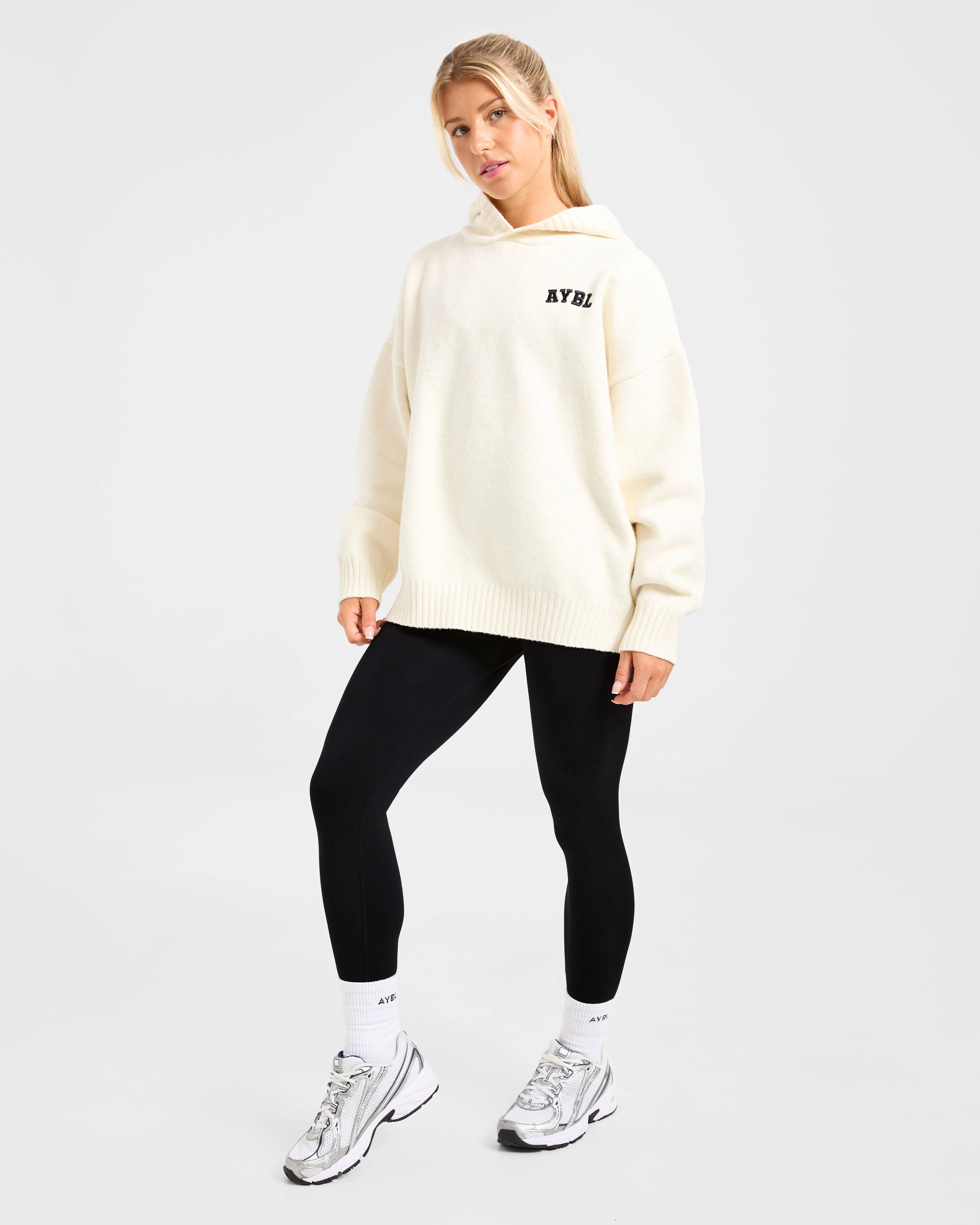 Varsity Minimal Logo Oversized Knitted Hoodie - Cream - Image 8