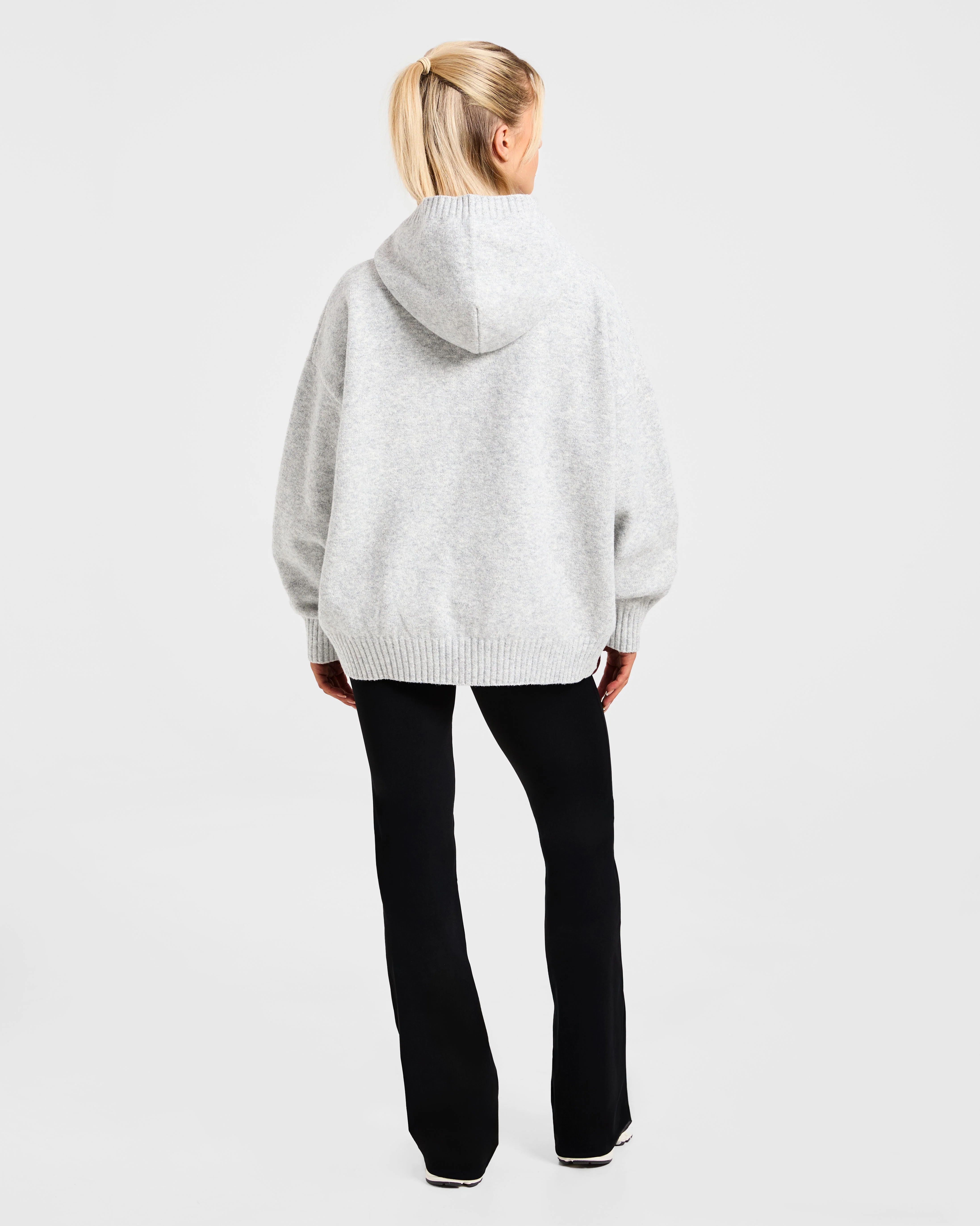 Varsity Minimal Logo Oversized Knitted Hoodie - Grey Marl/Burgundy - Image 4
