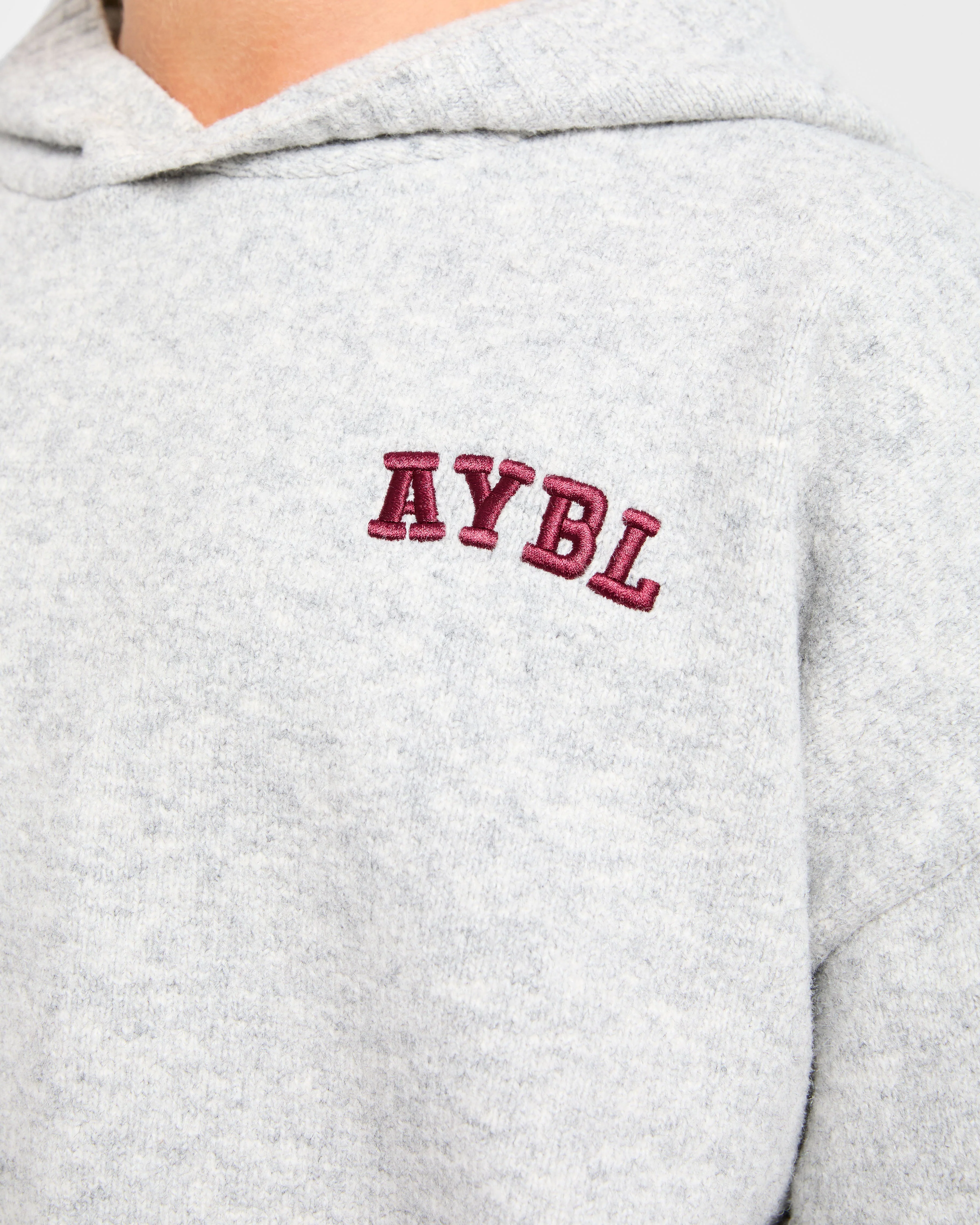 Varsity Minimal Logo Oversized Knitted Hoodie - Grey Marl/Burgundy - Image 5