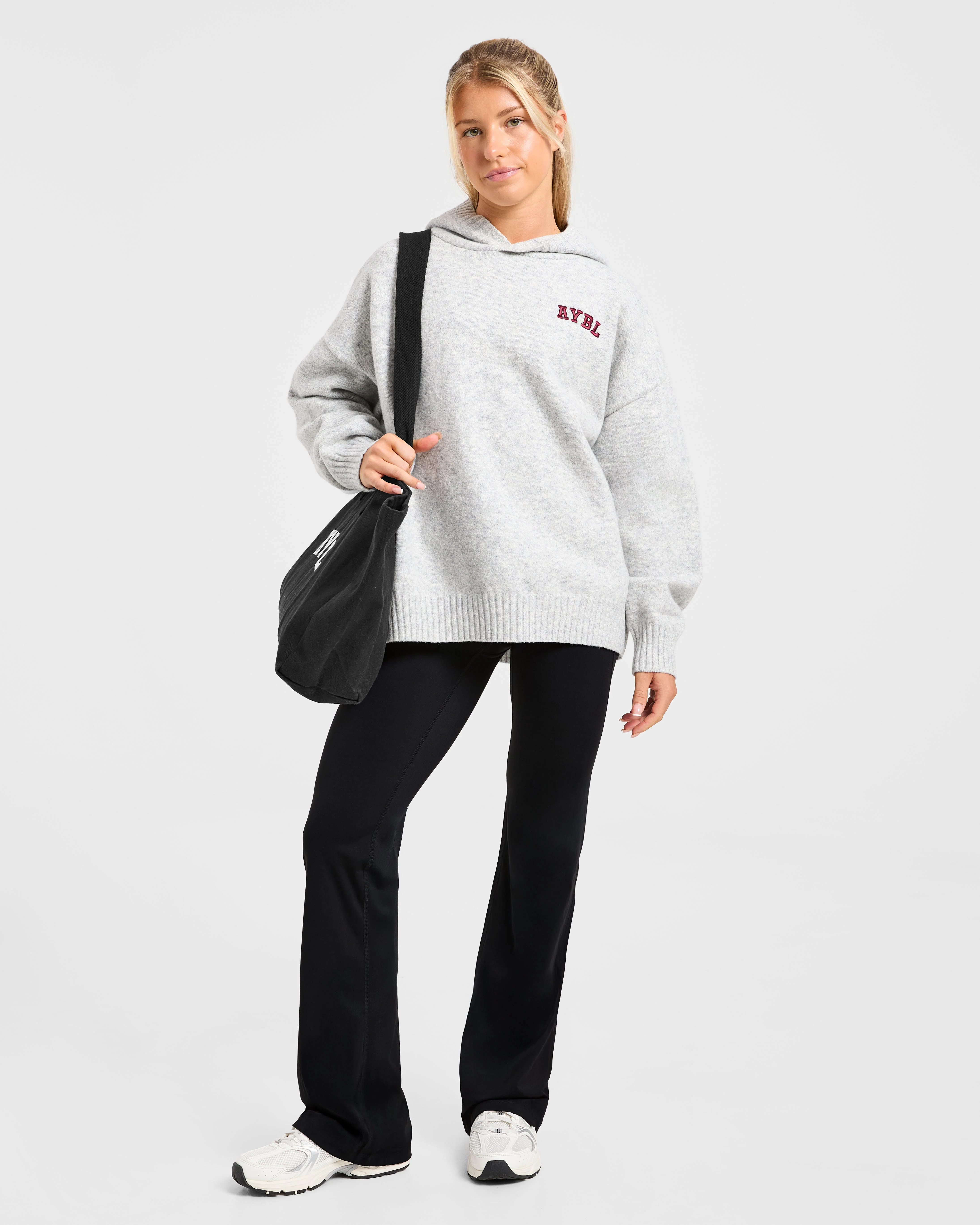 Varsity Minimal Logo Oversized Knitted Hoodie - Grey Marl/Burgundy - Image 7