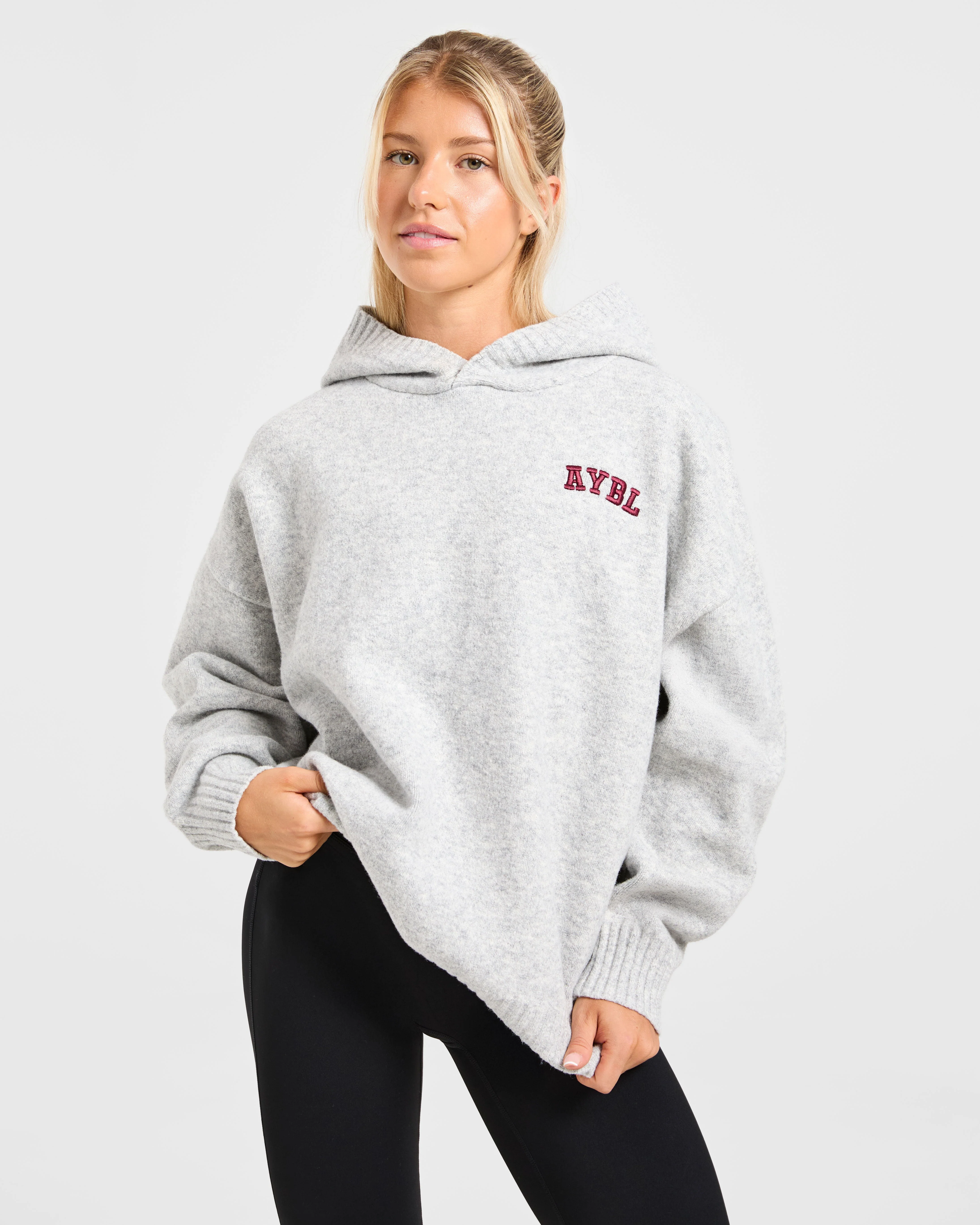 Varsity Minimal Logo Oversized Knitted Hoodie - Grey Marl/Burgundy - Image 8