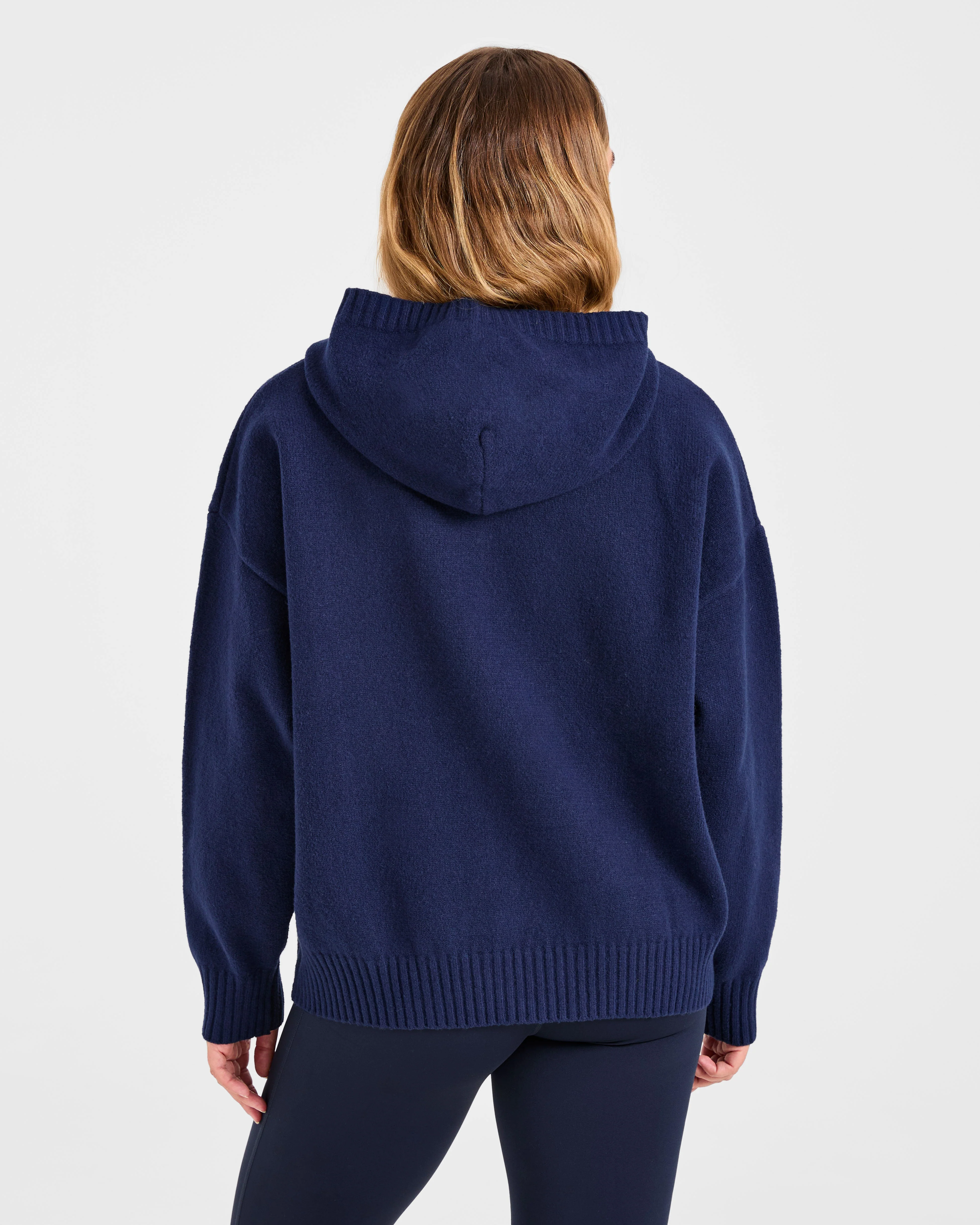 Varsity Minimal Logo Oversized Knitted Hoodie - Navy - Image 2