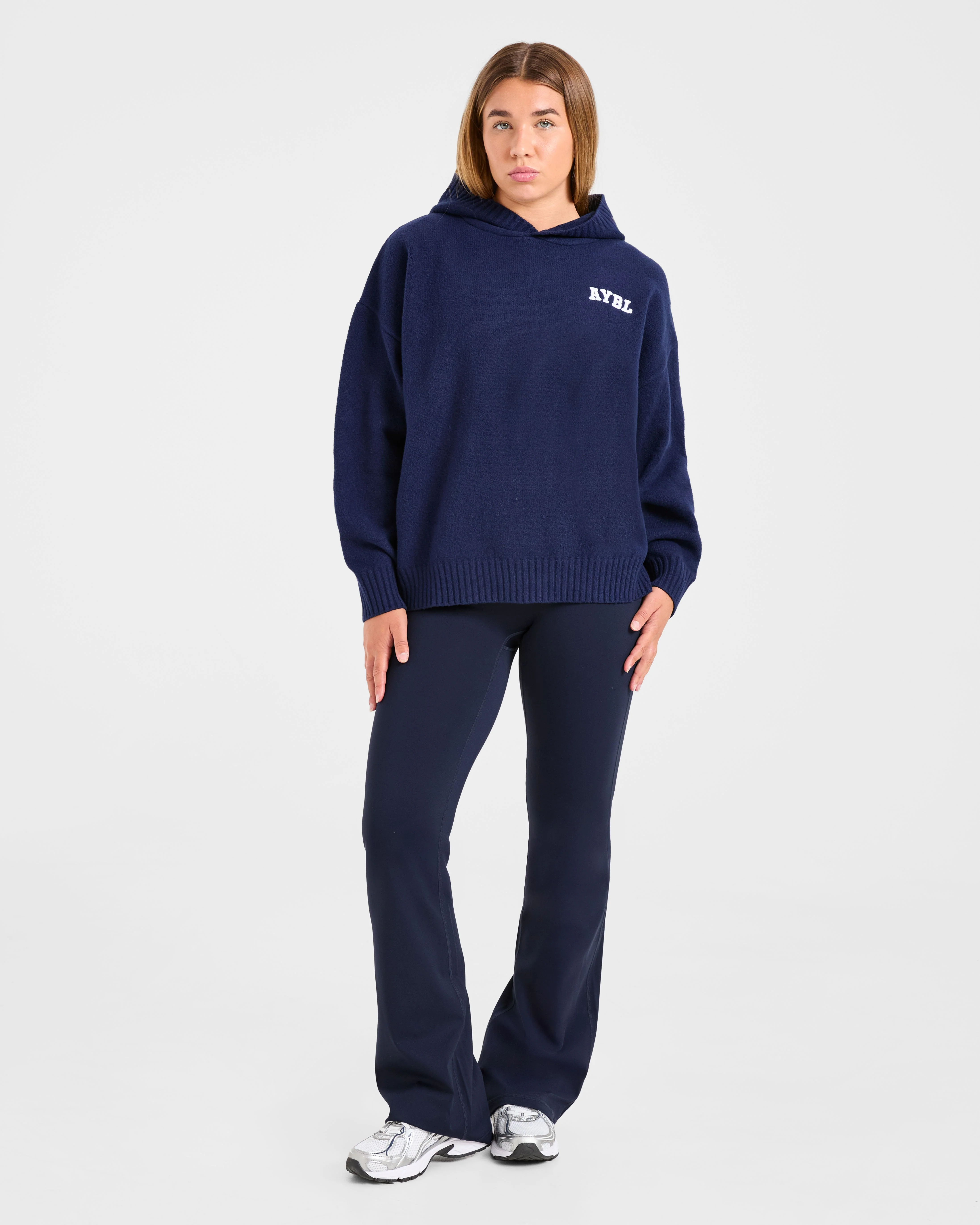 Varsity Minimal Logo Oversized Knitted Hoodie - Navy - Image 3