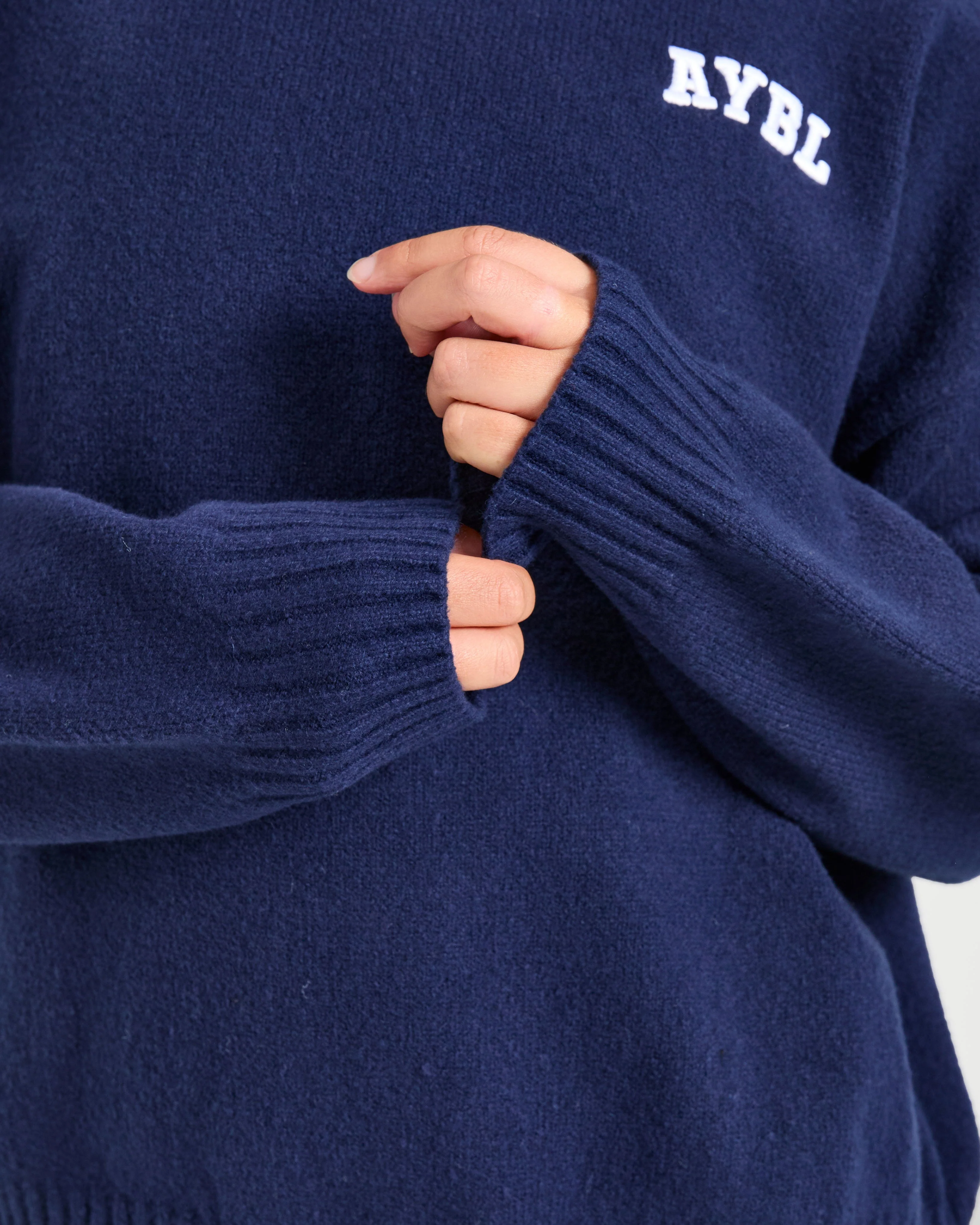 Varsity Minimal Logo Oversized Knitted Hoodie - Navy - Image 6
