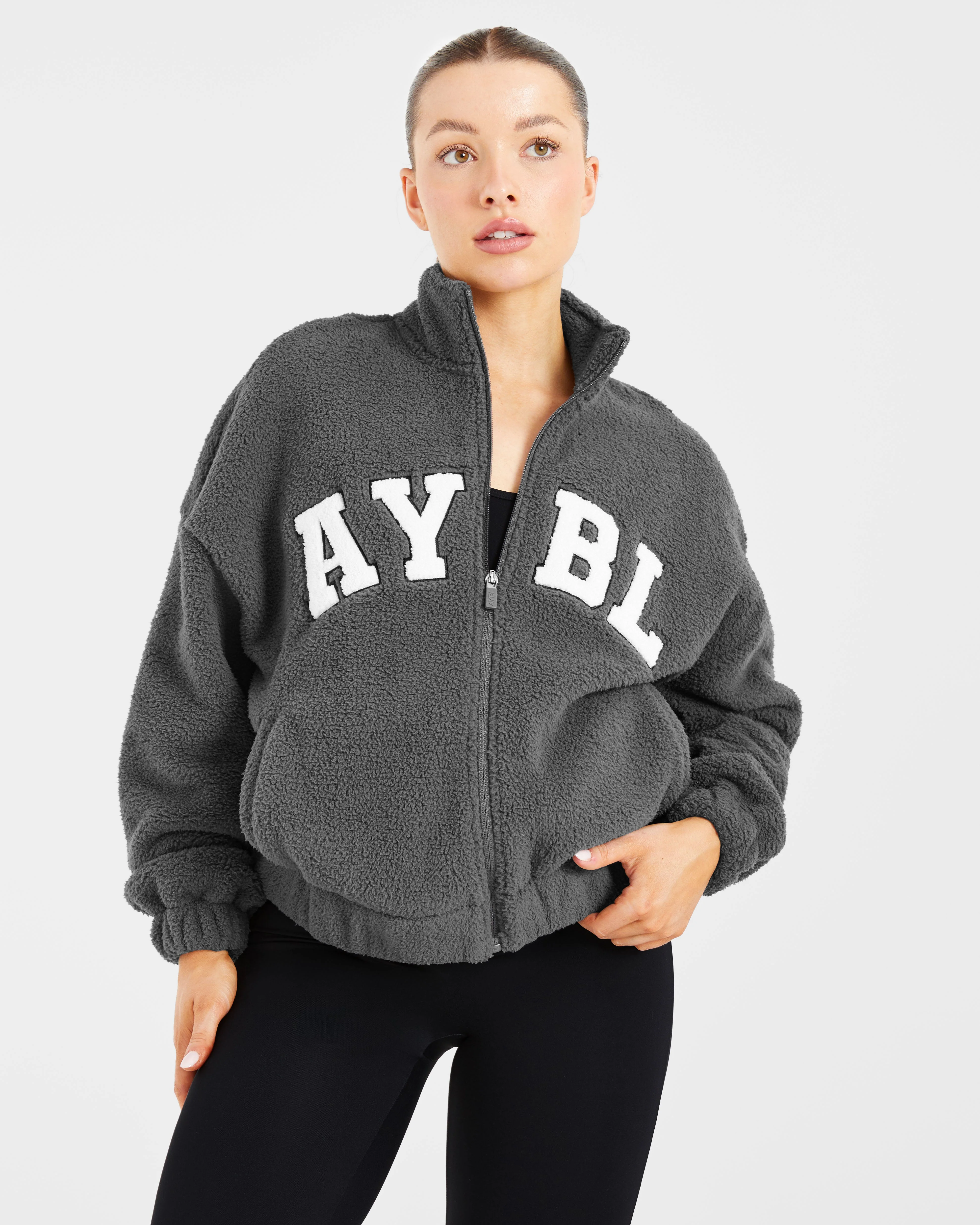 Varsity Oversized Fleece Zip Up Jacket - Charcoal - Image 7