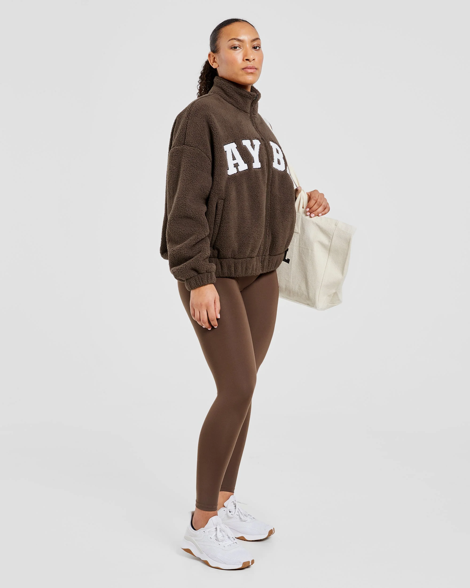 Varsity Oversized Fleece Zip Up Jacket - Cocoa Brown - Image 7