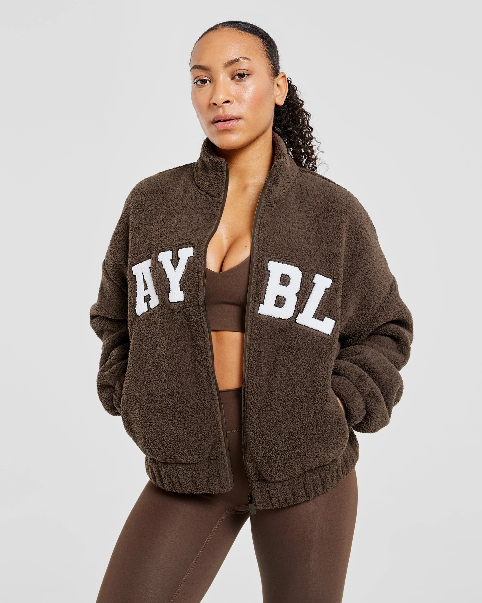 Varsity Oversized Fleece Zip Up Jacket - Cocoa Brown - Image 8