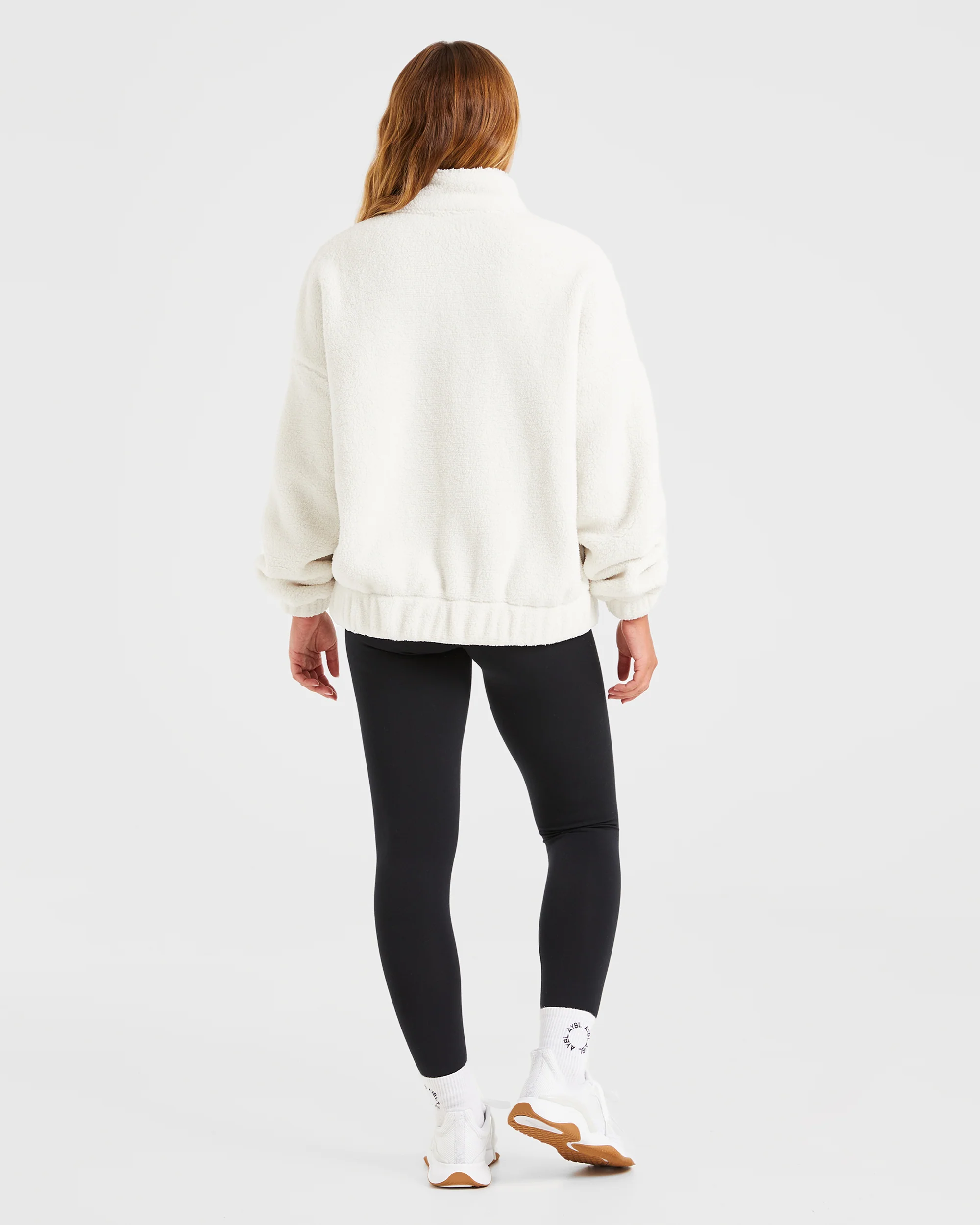 Varsity Oversized Fleece Zip Up Jacket - Cream - Image 4