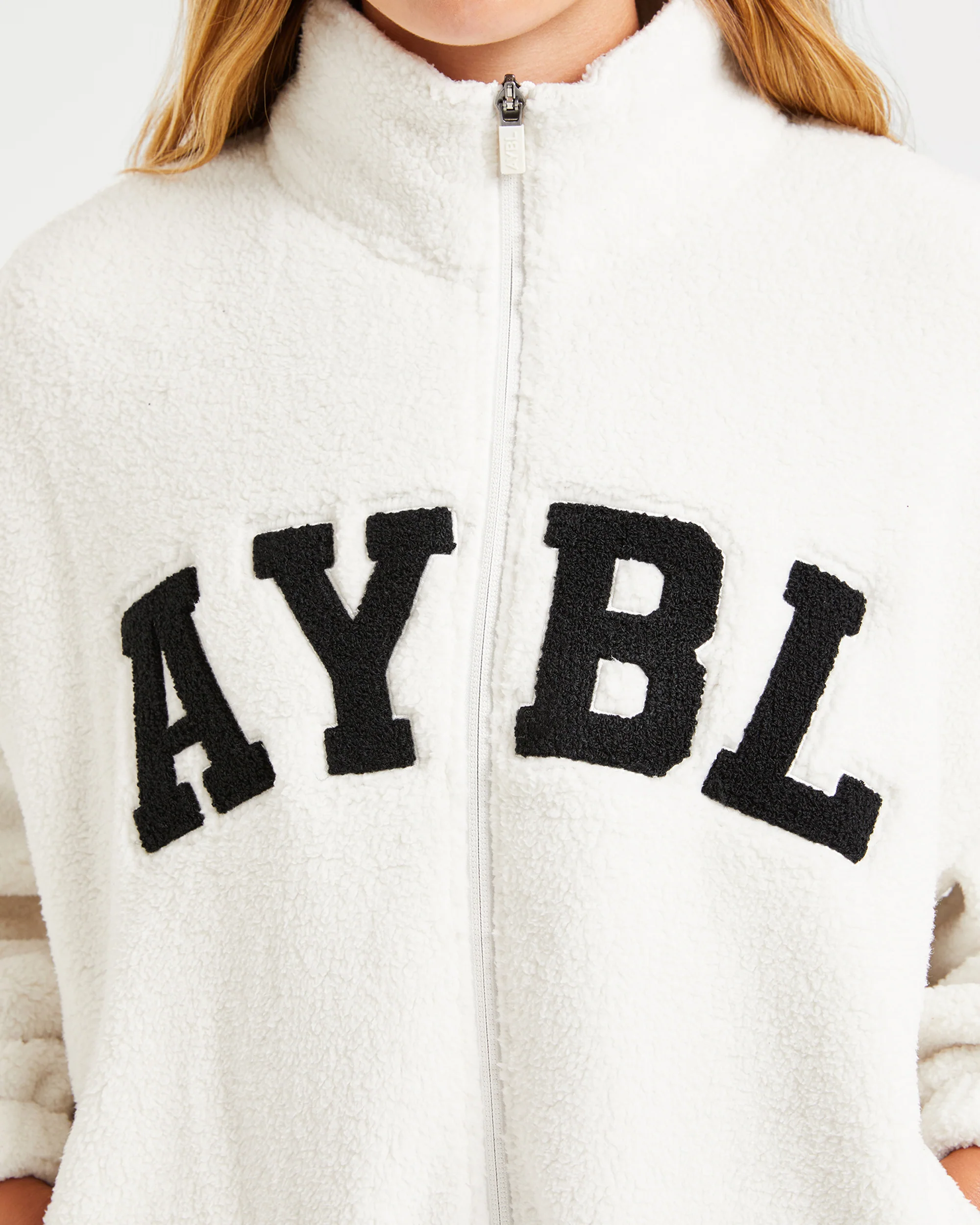 Varsity Oversized Fleece Zip Up Jacket - Cream - Image 5