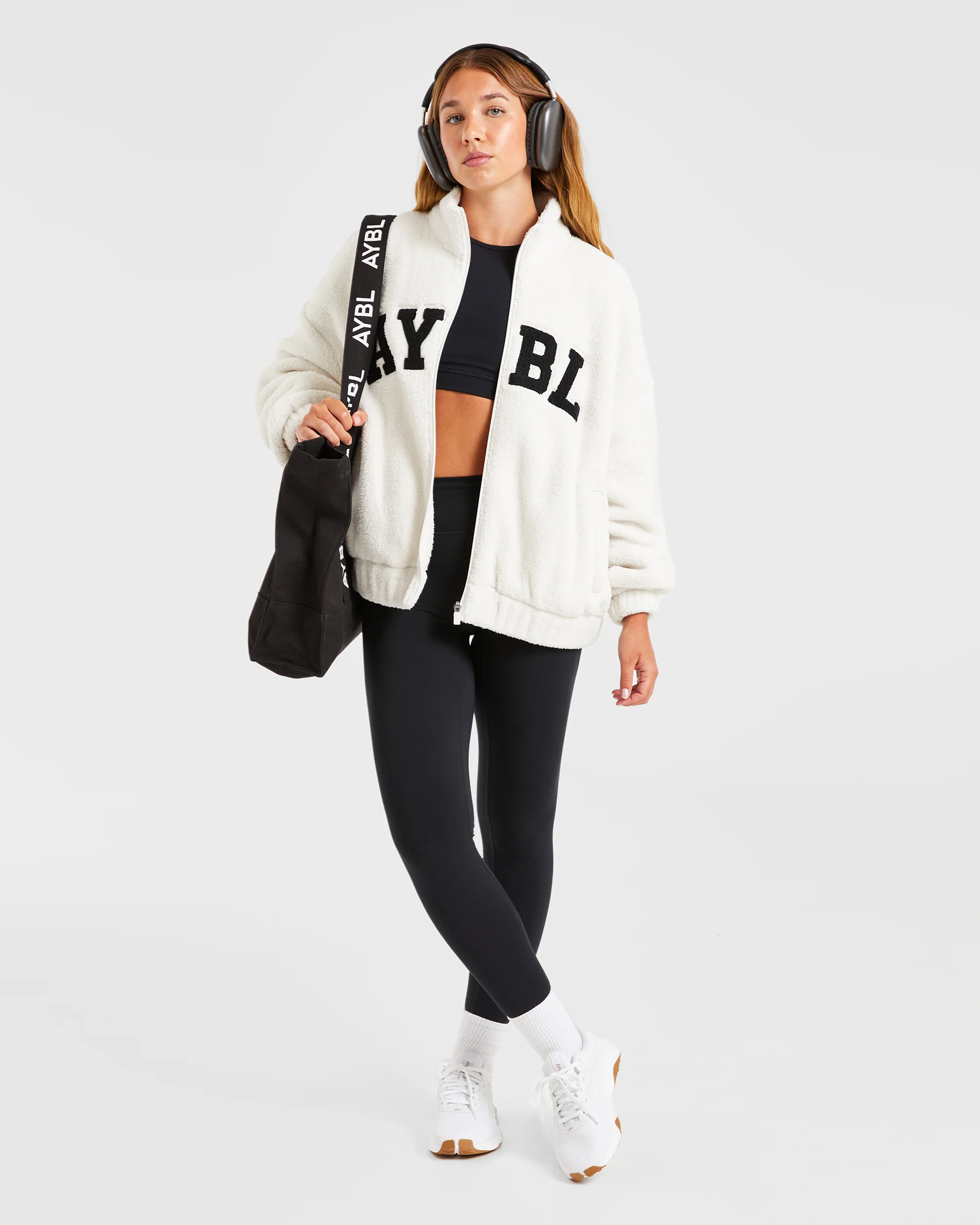 Varsity Oversized Fleece Zip Up Jacket - Cream - Image 8