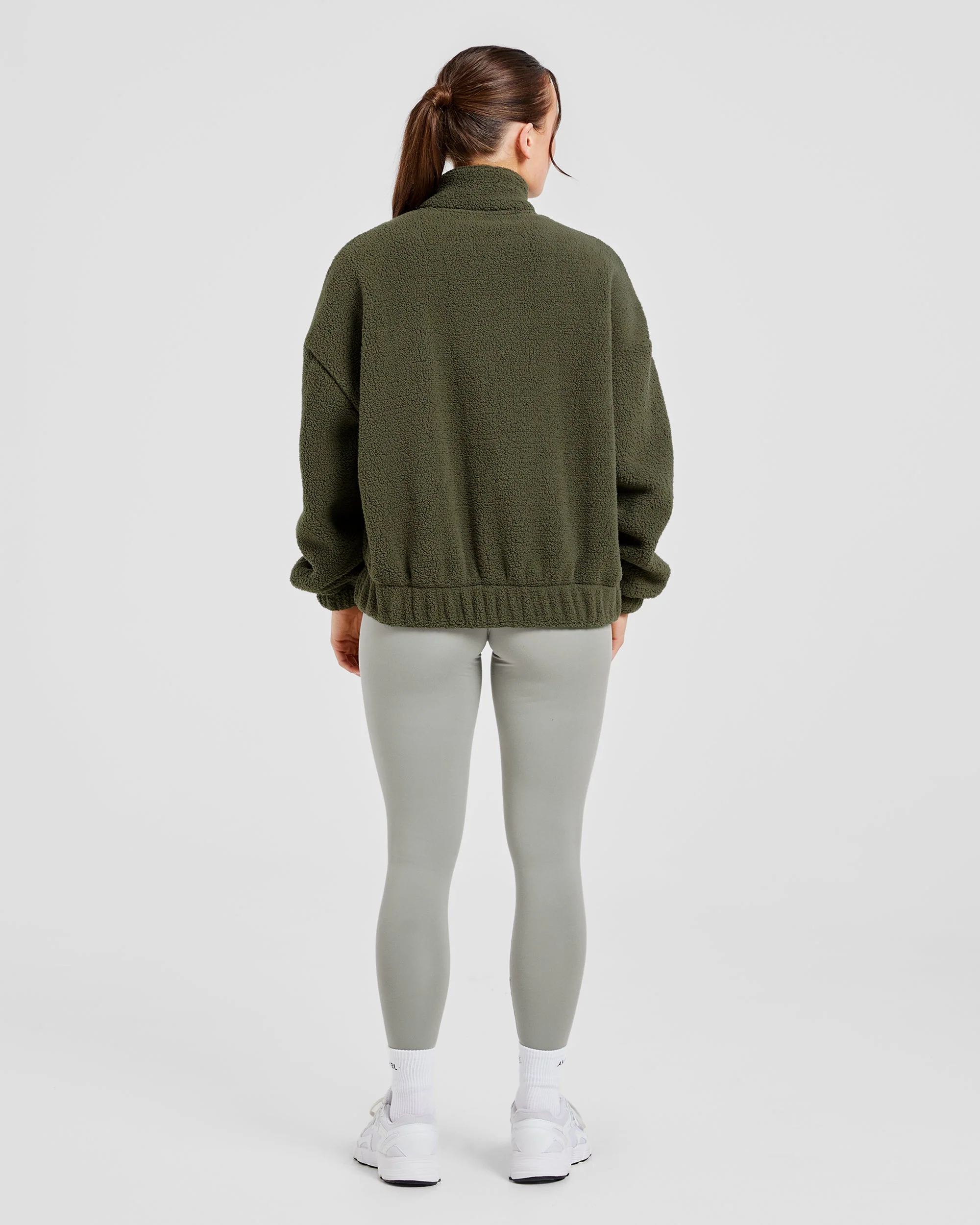 Varsity Oversized Fleece Zip Up Jacket - Khaki Green - Image 4