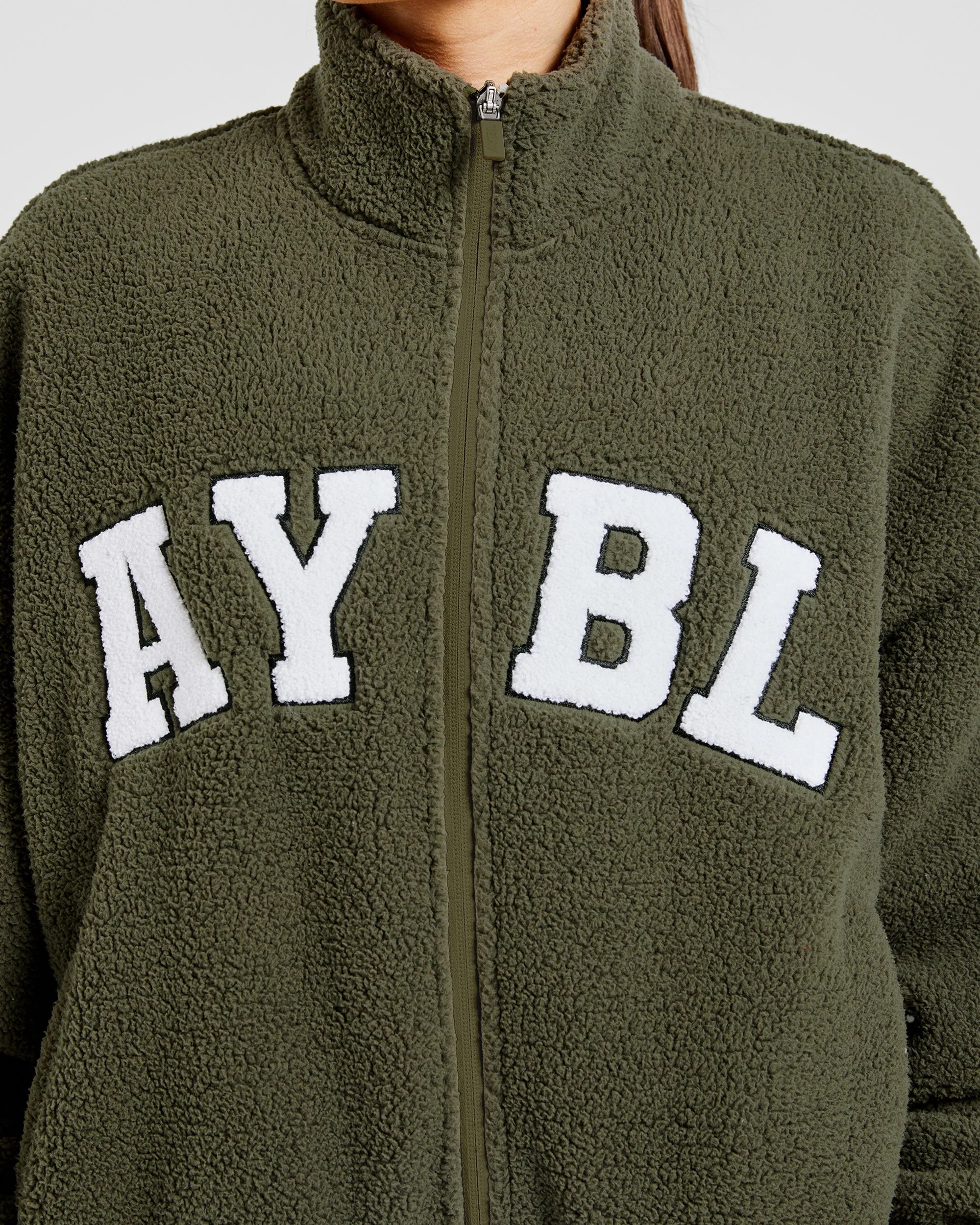Varsity Oversized Fleece Zip Up Jacket - Khaki Green - Image 5